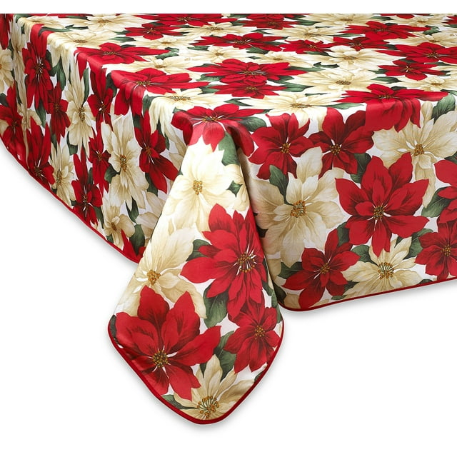 European Holiday Christmas Poinsettia Floral Design Printed Tablecloth - Beige - 60" by 120" Oblong / Rectangle