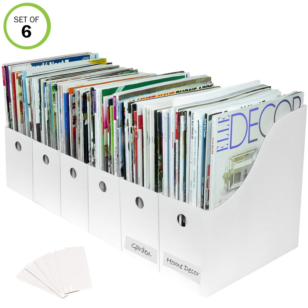 Evelots Magazine File Holder -Set of 6 White - Office Desk Organizer - Sturdy Cardboard - New Upgraded Double Front Panel -4" Wide-Easy Assemble