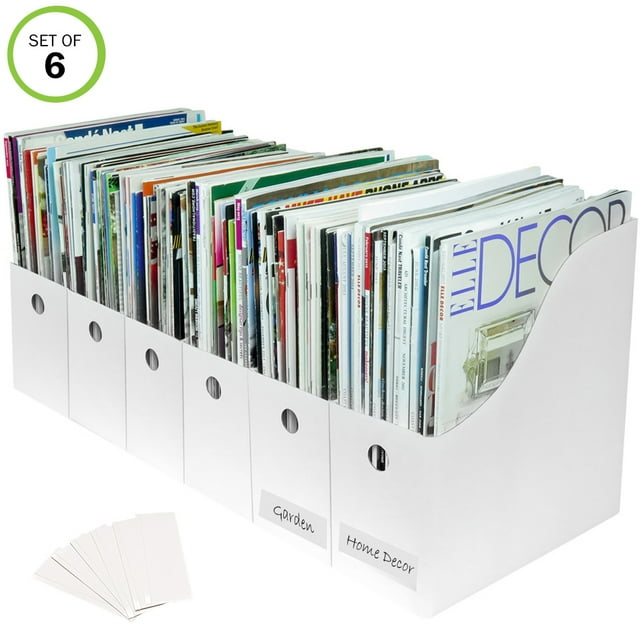 Evelots Magazine File Holder -Set of 6 White - Office Desk Organizer - Sturdy Cardboard - New Upgraded Double Front Panel -4" Wide-Easy Assemble