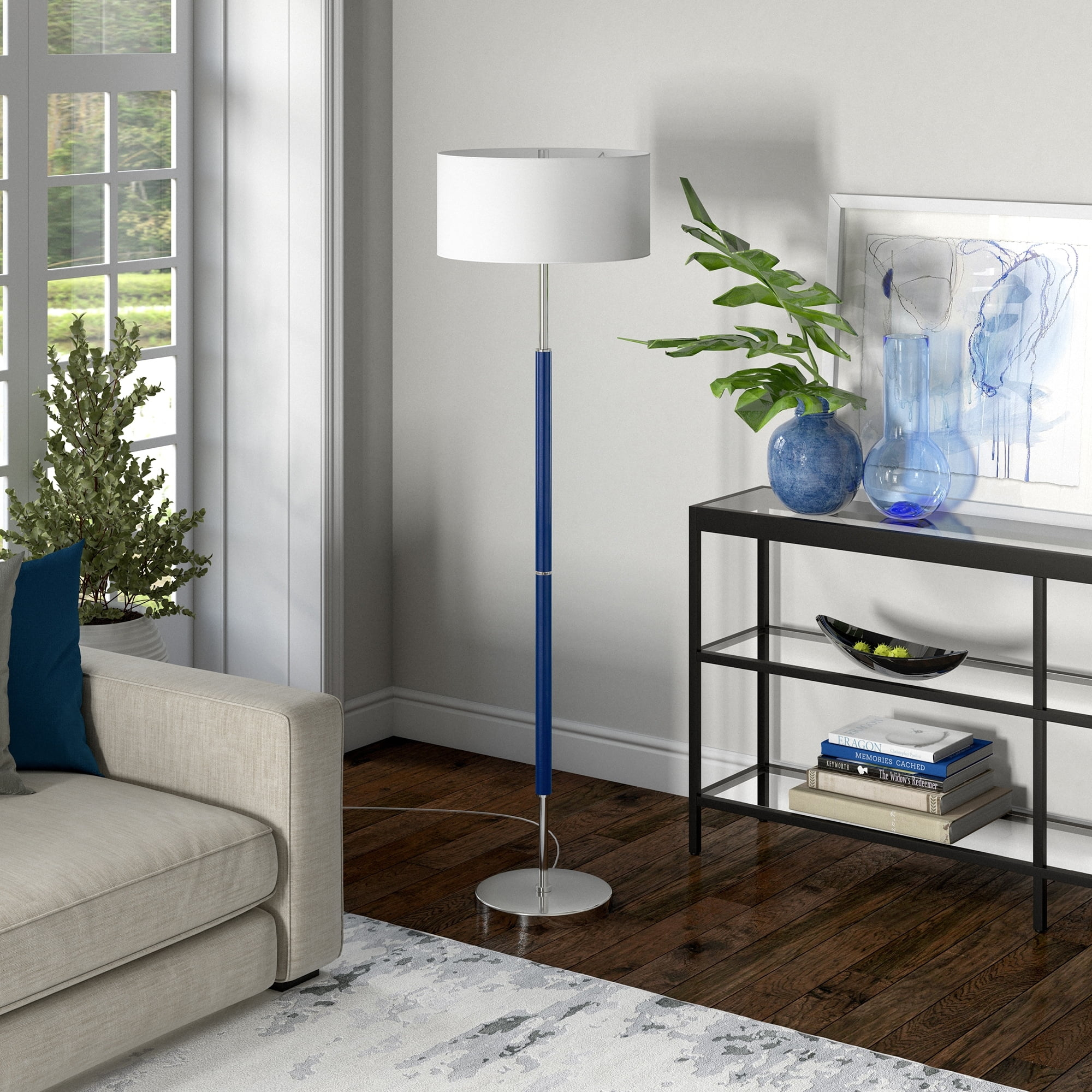 Evelyn&Zoe Simone 2-Light Floor Lamp with Fabric Shade, Blue/Polished Nickel/White