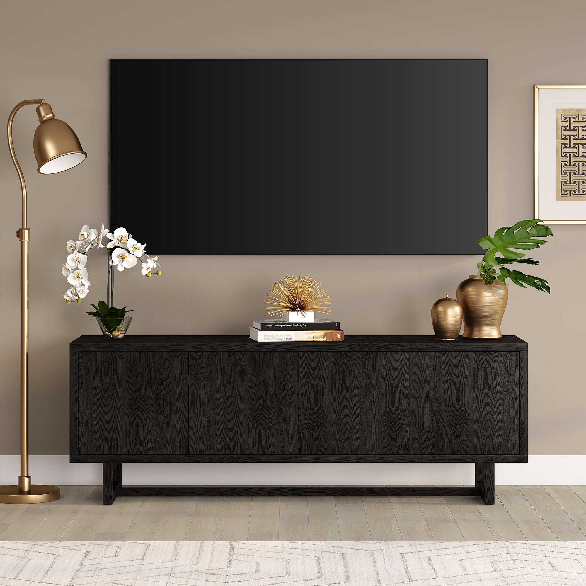 Evelyn&Zoe Cutler Rectangular TV Stand for TV's up to 75", Black Grain
