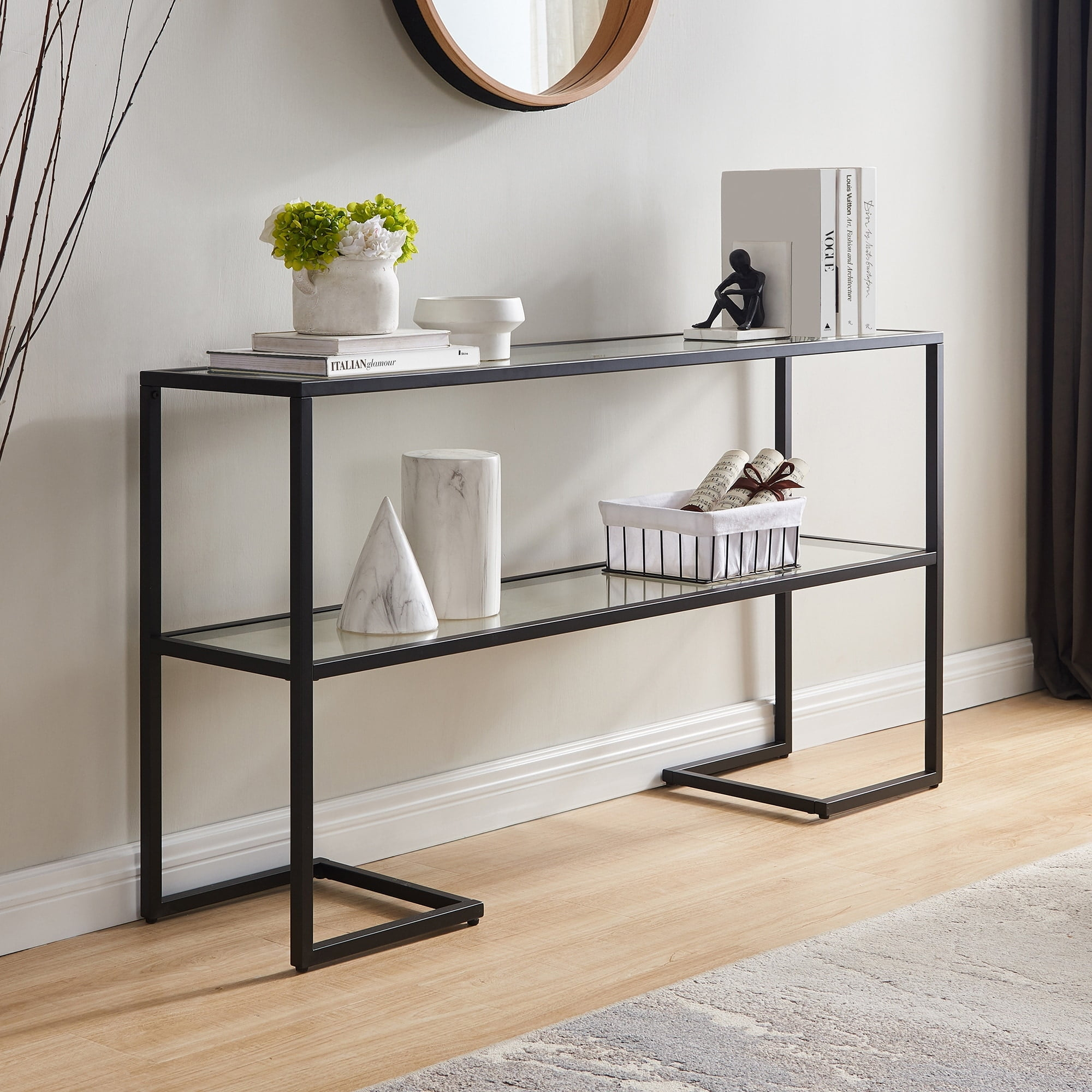 Evelyn&Zoe Errol 55" Wide Rectangular Console Table with Glass Top, Blackened Bronze