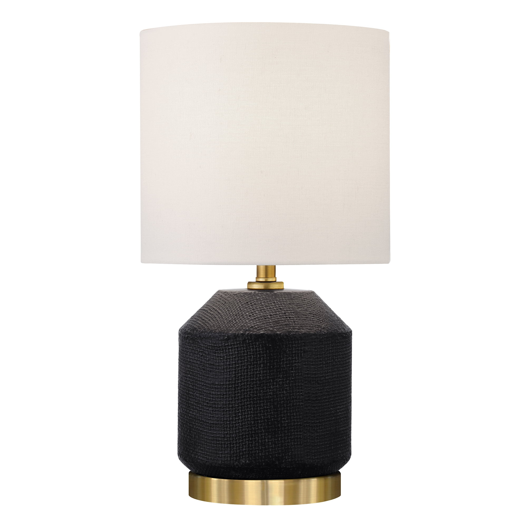Evelyn&Zoe Esther 15" Tall Textured Ceramic Mini Lamp with Fabric Shade, Matte Black/Antique Brass/White