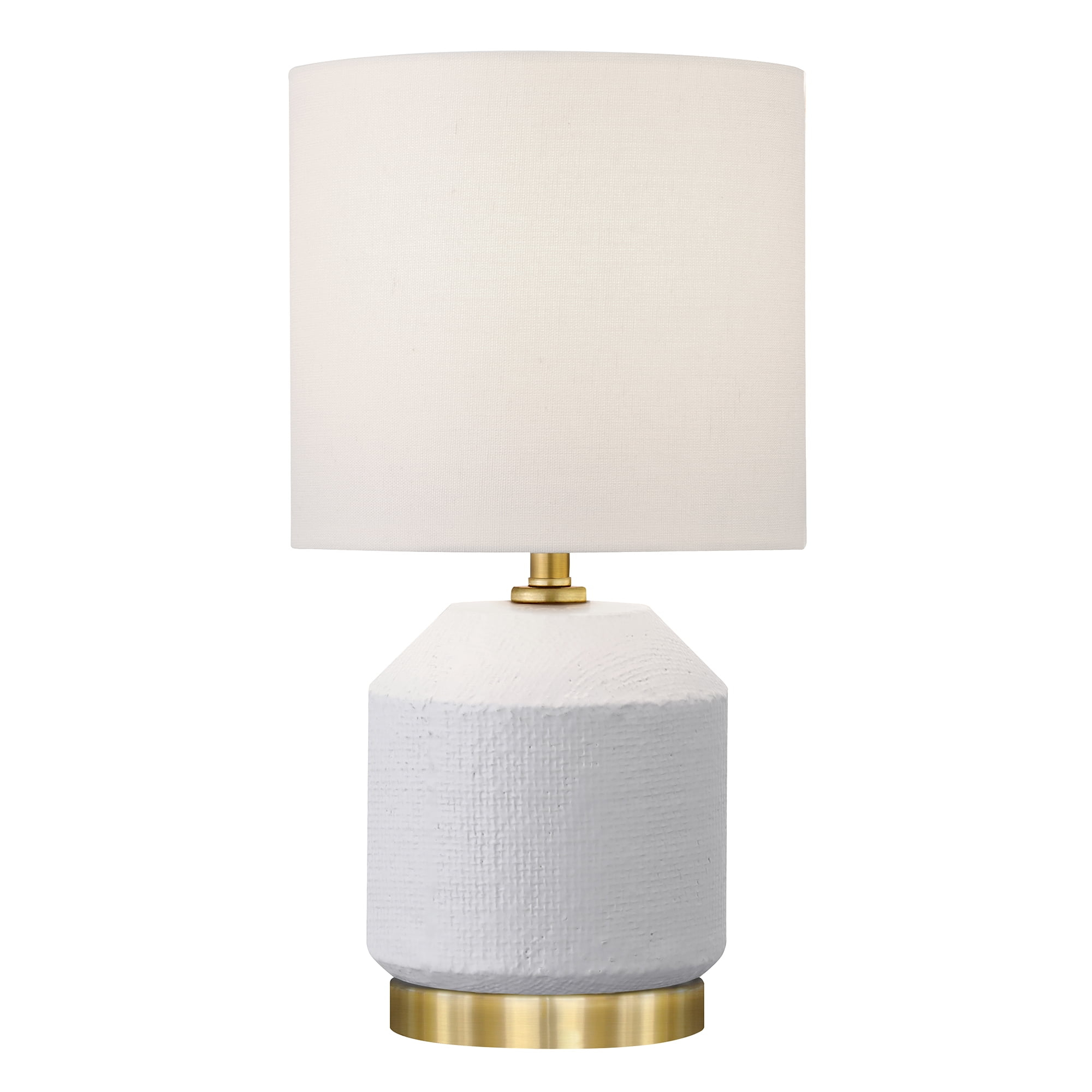Evelyn&Zoe Esther 15" Tall Textured Ceramic Mini Lamp with Fabric Shade, Matte White/Antique Brass/White