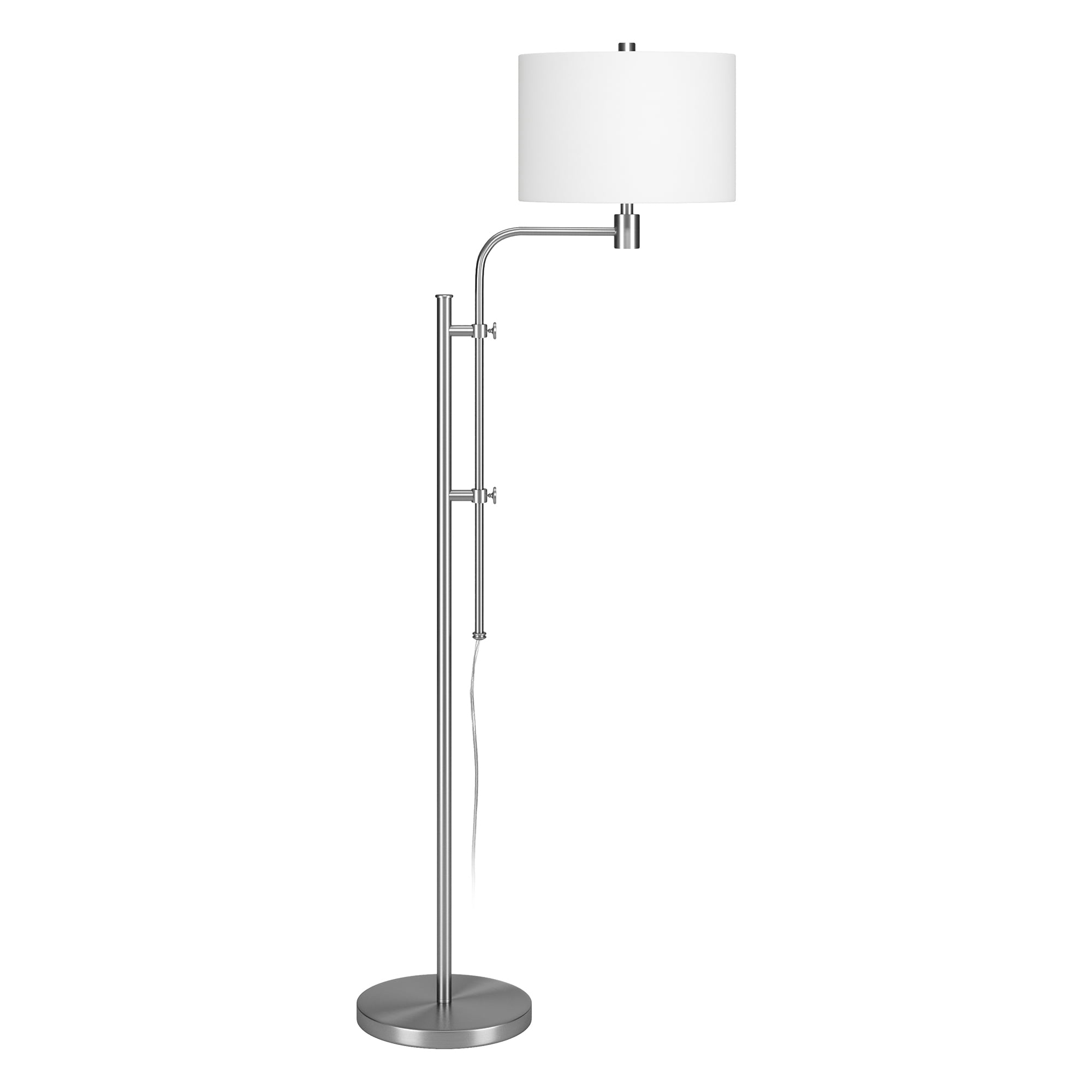 Evelyn&Zoe Polly Height-Adjustable Floor Lamp with Fabric Shade, Brushed Nickel/White