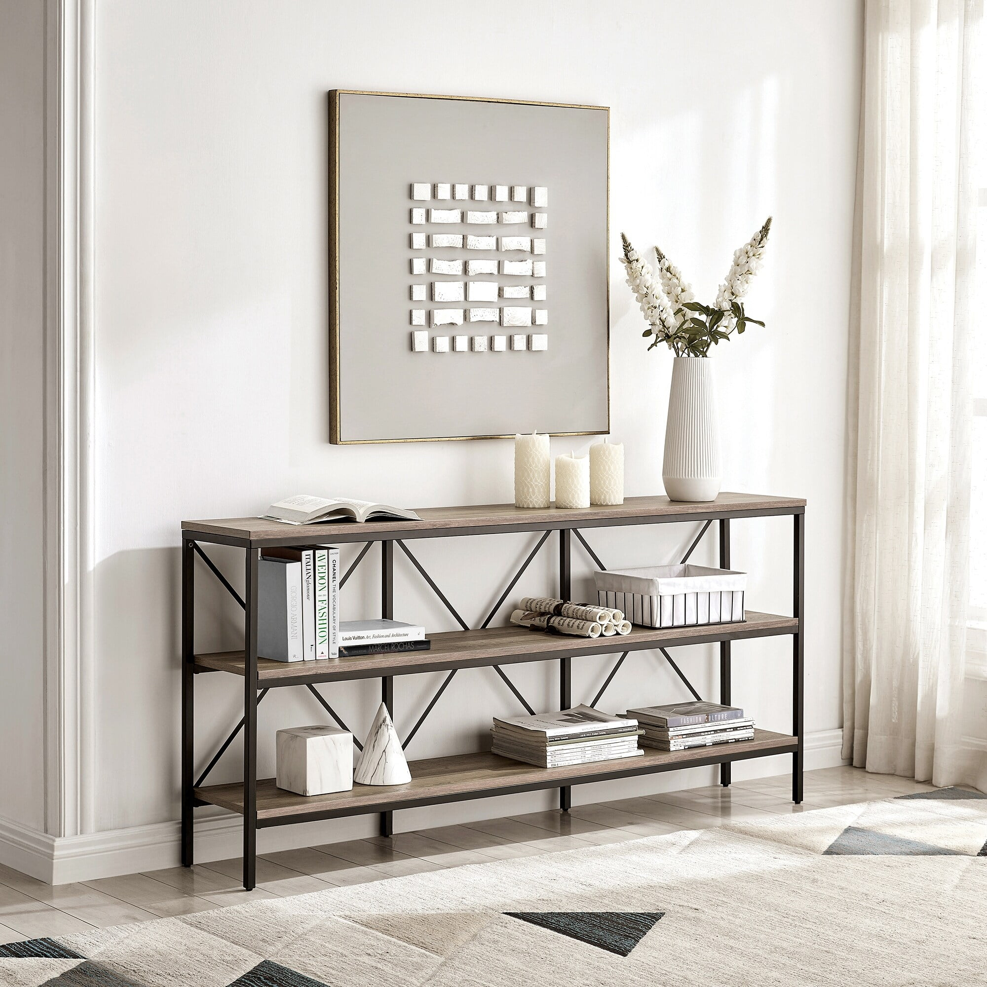 Evelyn&Zoe Kira 64" Wide Rectangular Console Table, Blackened Bronze/Antiqued Gray Oak