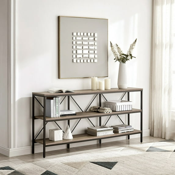 Evelyn&Zoe Kira 64" Wide Rectangular Console Table, Blackened Bronze/Antiqued Gray Oak