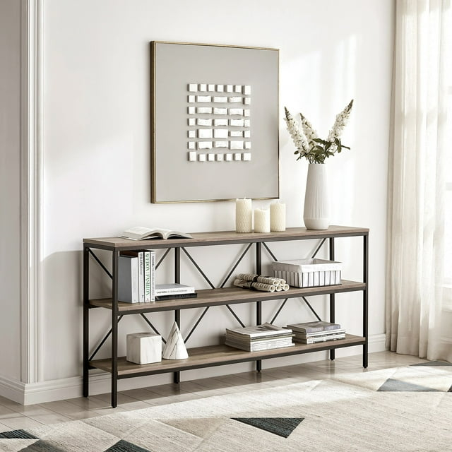 Evelyn&Zoe Kira 64" Wide Rectangular Console Table, Blackened Bronze/Antiqued Gray Oak