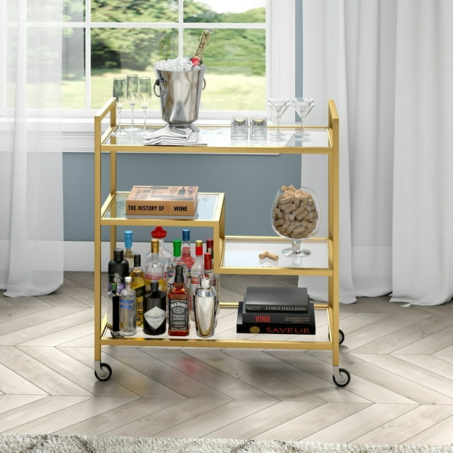 Evelyn&Zoe Lovett 33" Wide Rectangular Bar Cart with Glass Shelves, Brass