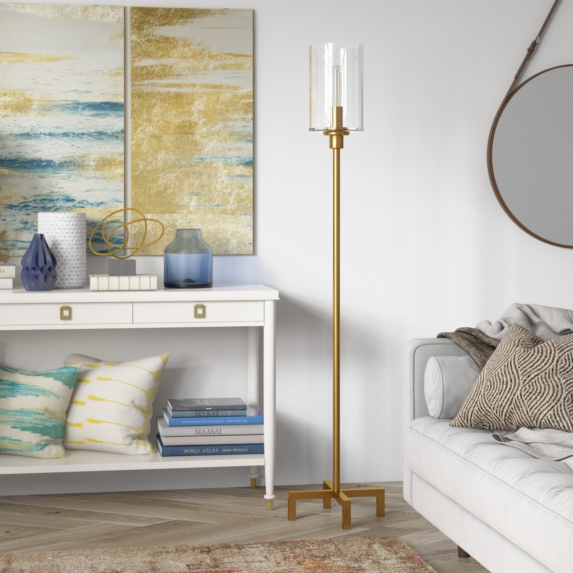 Evelyn&Zoe Panos 66.25" Tall Floor Lamp with Glass Shade, Brass/Clear
