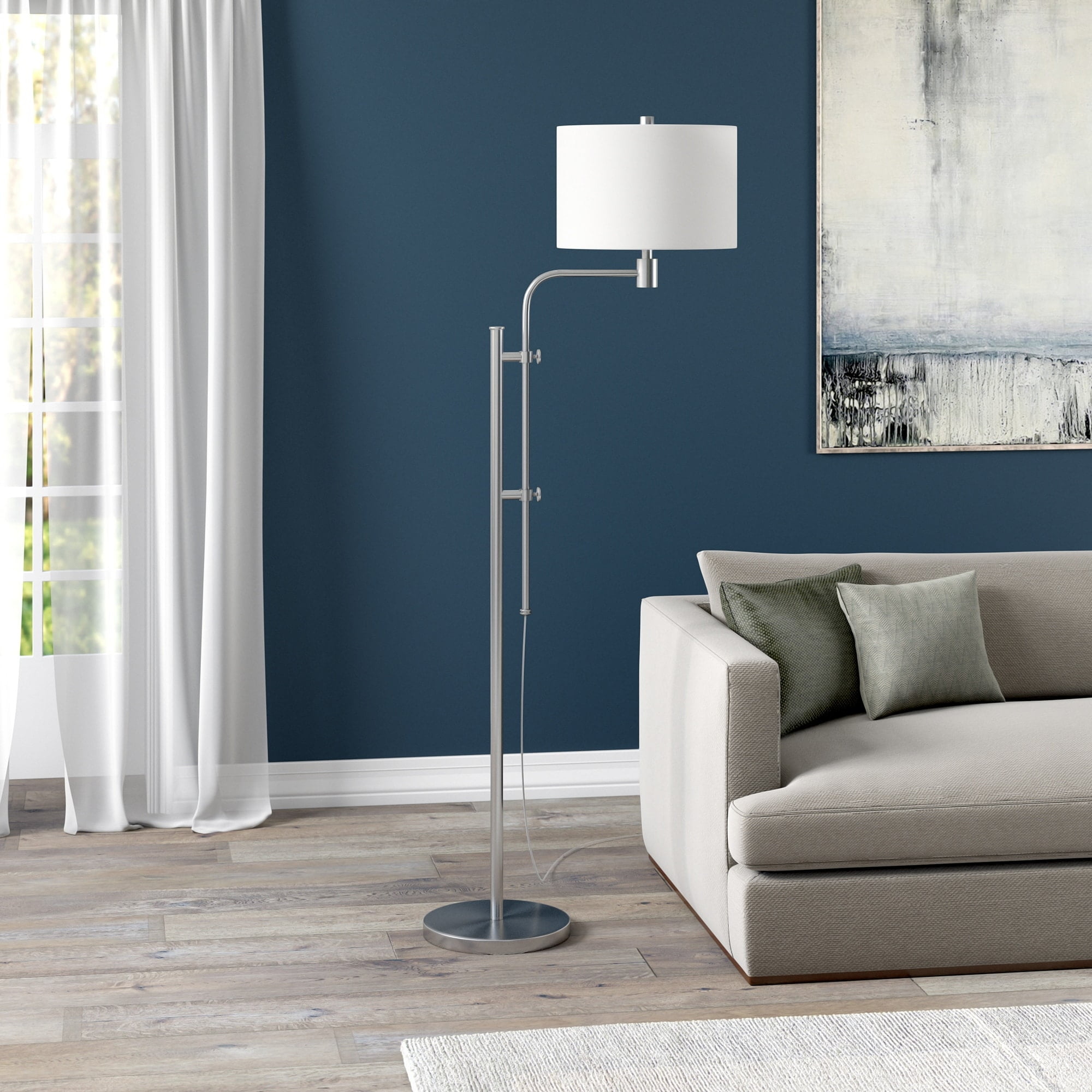 Evelyn&Zoe Polly Height-Adjustable Floor Lamp with Fabric Shade, Brushed Nickel/White