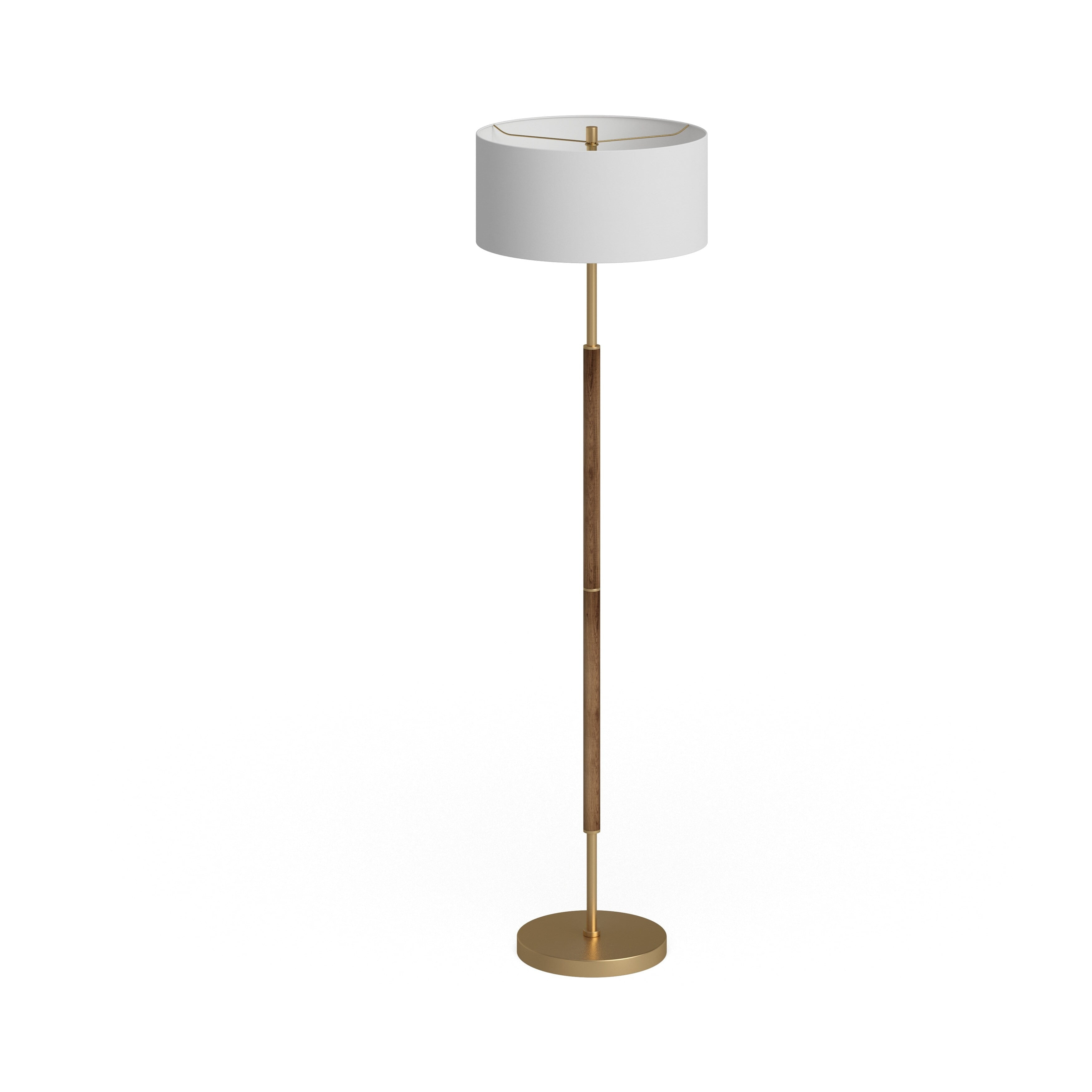 Evelyn&Zoe Simone 2-Light Floor Lamp with Fabric Shade, Rustic Oak/Brass/White