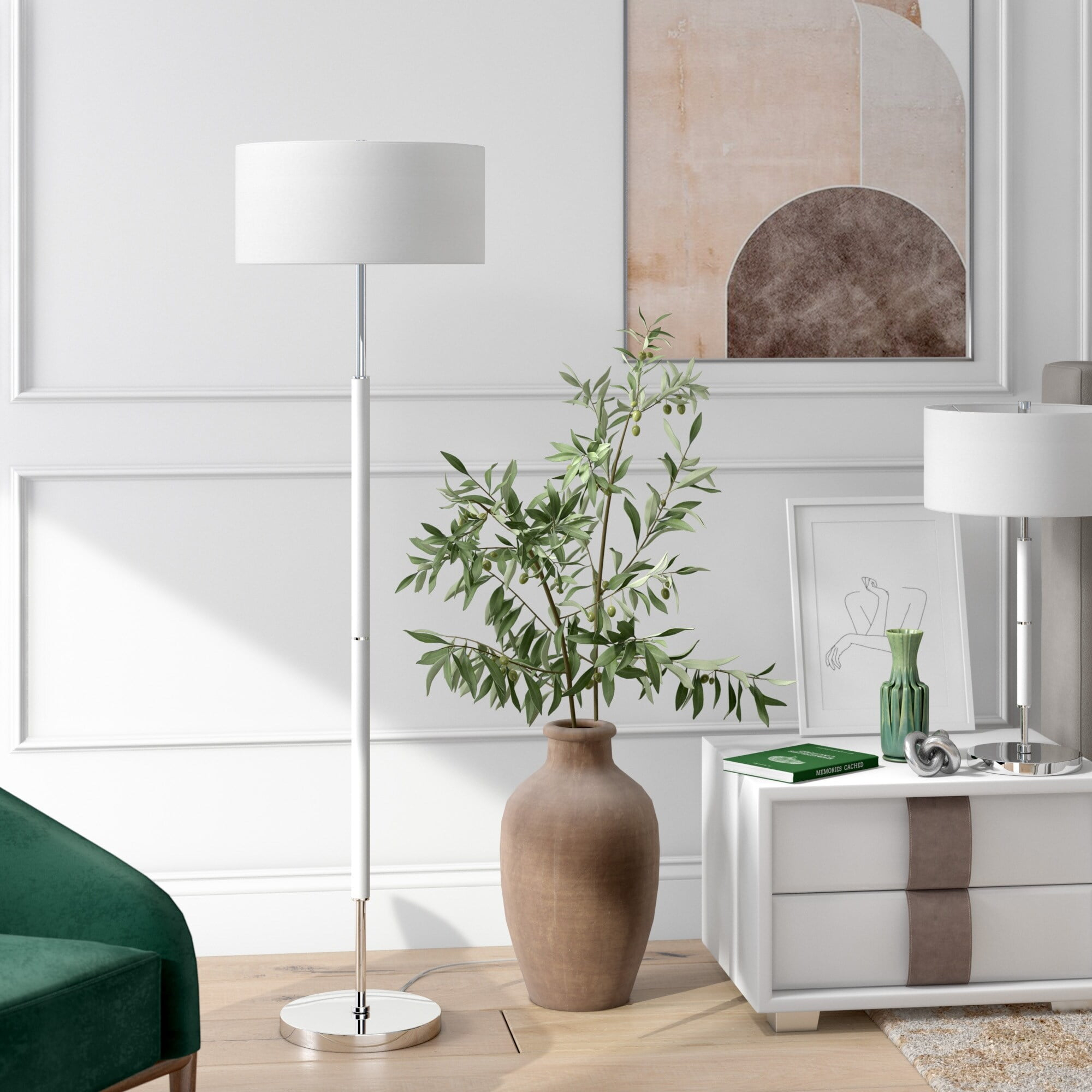 Evelyn&Zoe Simone 2-Light Floor Lamp with Fabric Shade, Matte White/Polished Nickel/White