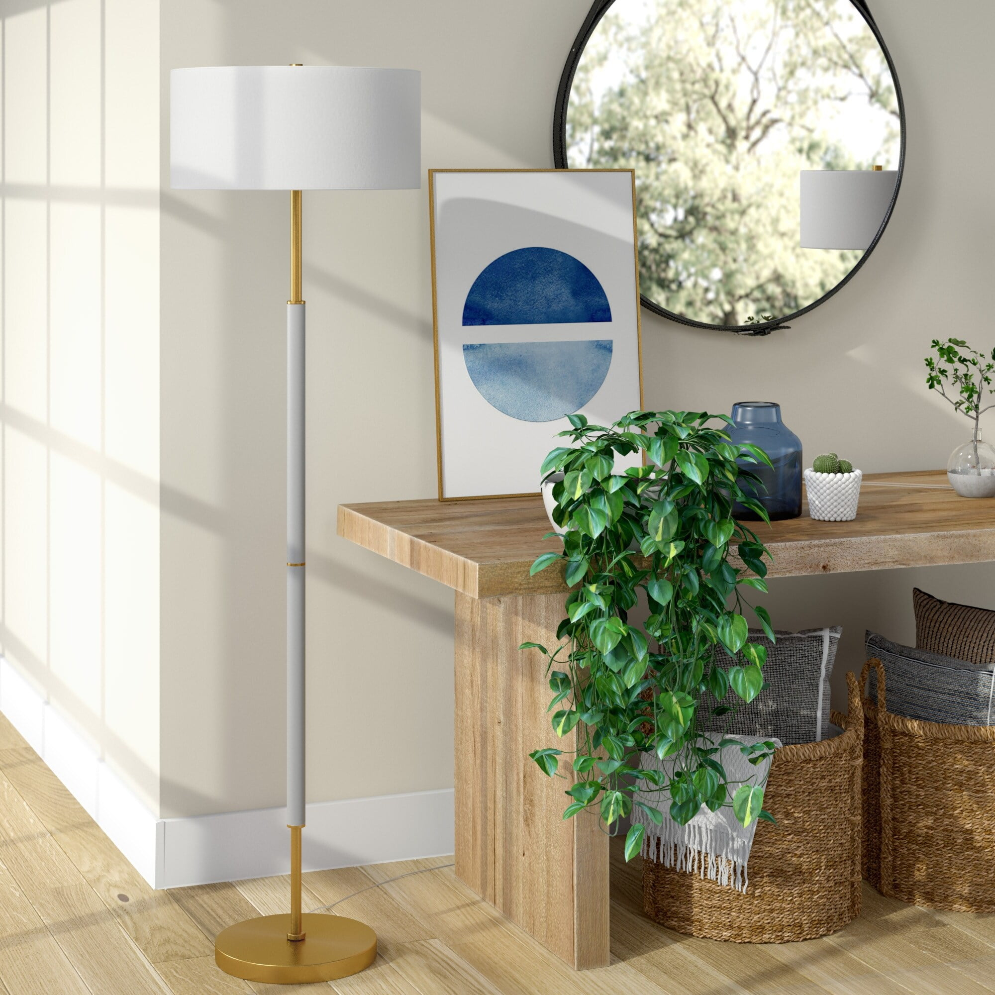 Evelyn&Zoe Simone 2-Light Floor Lamp with Fabric Shade, Cool Gray/Brass/White