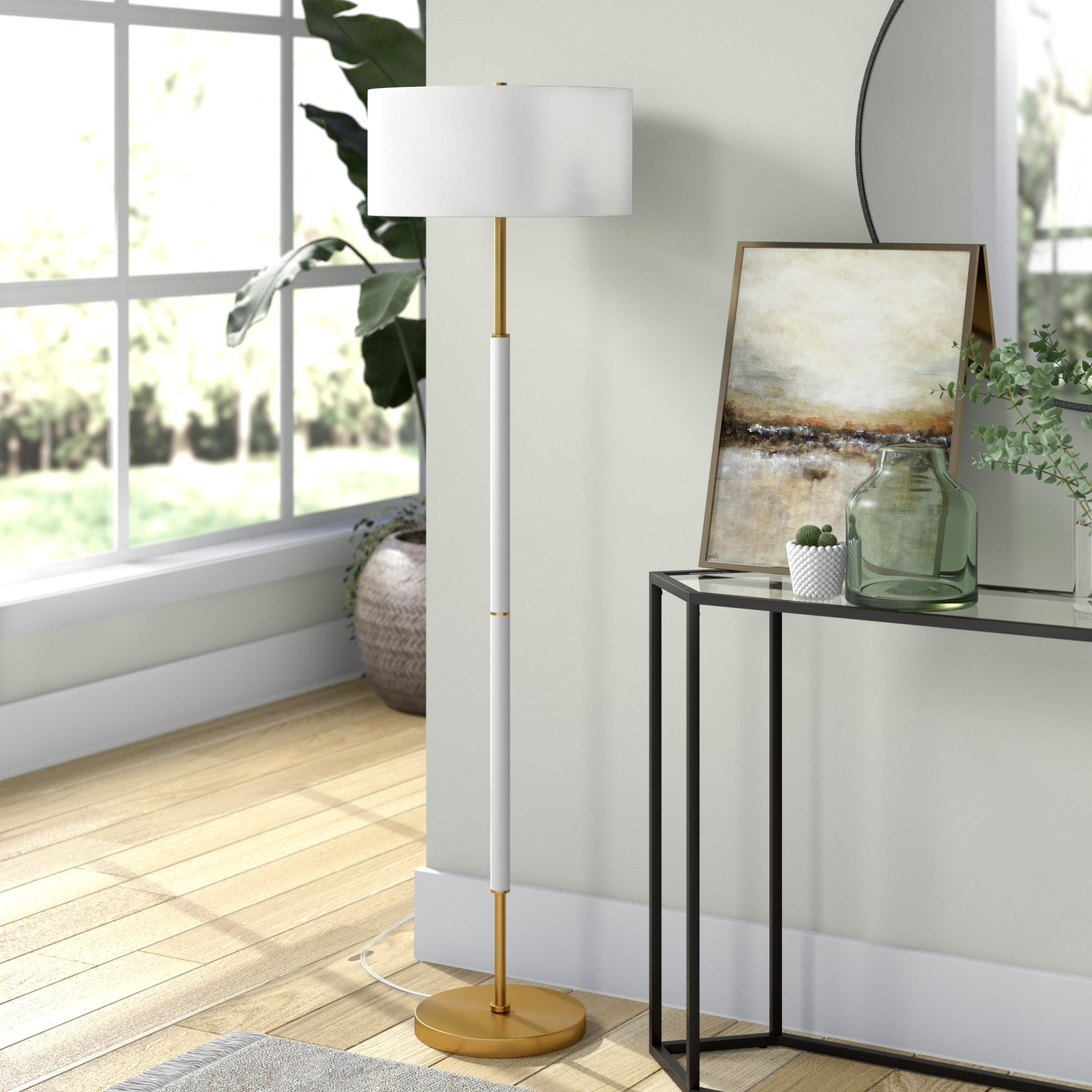 Henn&Hart 17" Matte White/Brass Finish Metal/Fabric Floor Lamp