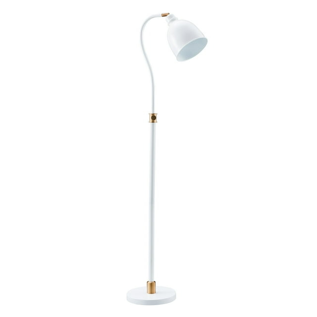 Evelyn&Zoe Vincent Adjustable/Arc Floor Lamp with Metal Shade, Matte White/Brass/Matte White