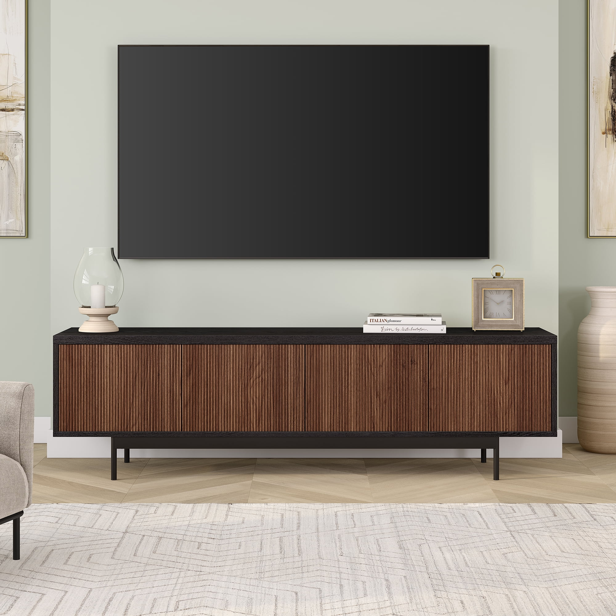 Evelyn&Zoe Whitman Transitional TV Stand For TVs up to 75", Black Grain with Satin Walnut