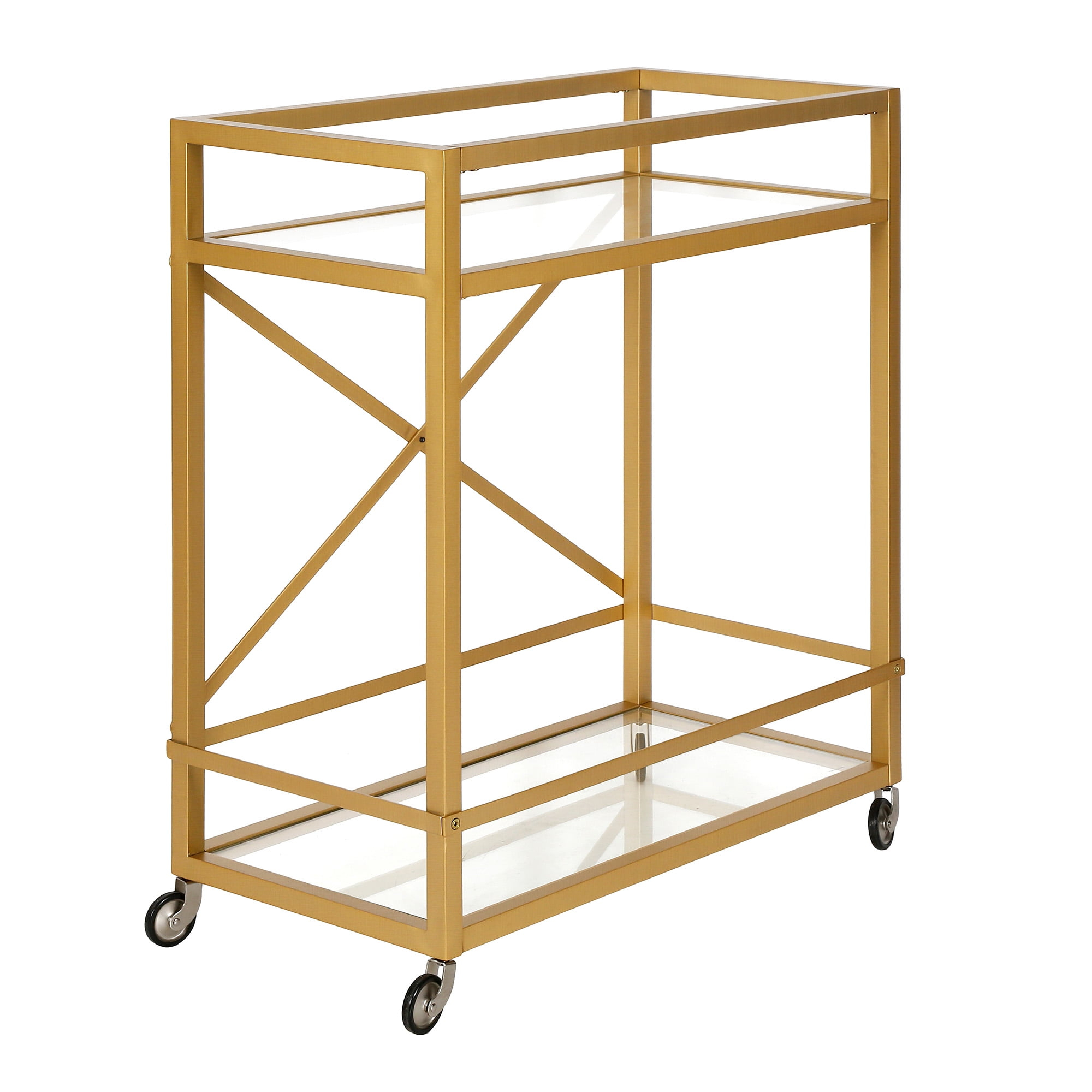 Maklaine Contemporary 36" X-Accent Metal Bar Cart in Brass Finish