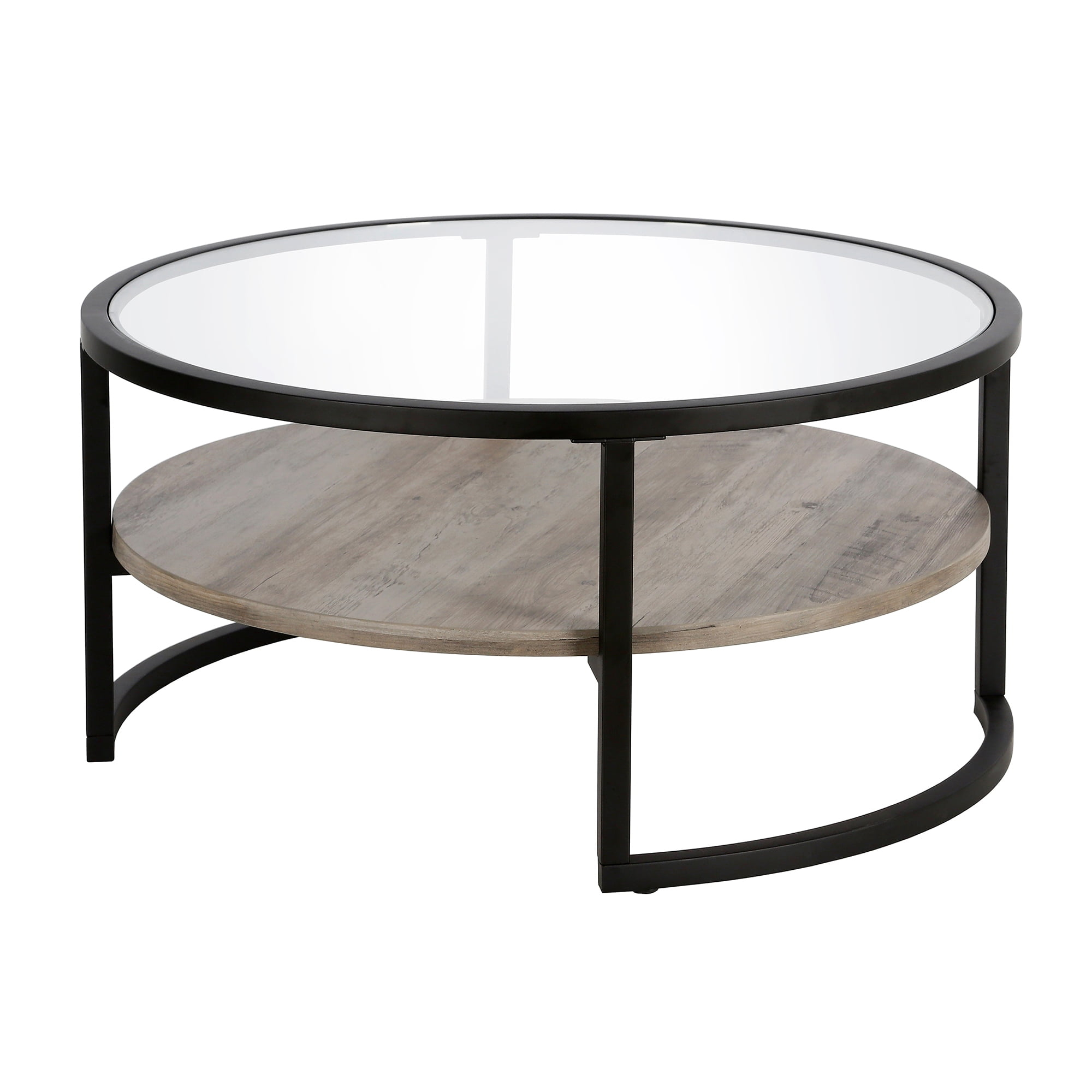 Evelyn&Zoe Winston 34.75" Wide Round Coffee Table, Blackened Bronze/Gray Oak