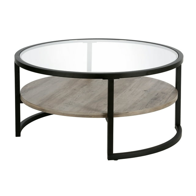 Evelyn&Zoe Winston 34.75" Wide Round Coffee Table, Blackened Bronze/Gray Oak