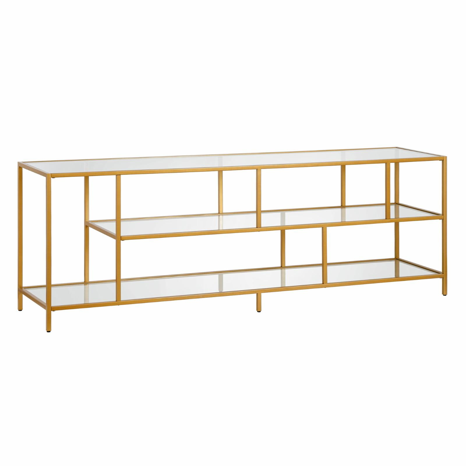Evelyn&Zoe Winthrop Rectangular TV Stand with Glass Shelves for TV's up to 75", Brass