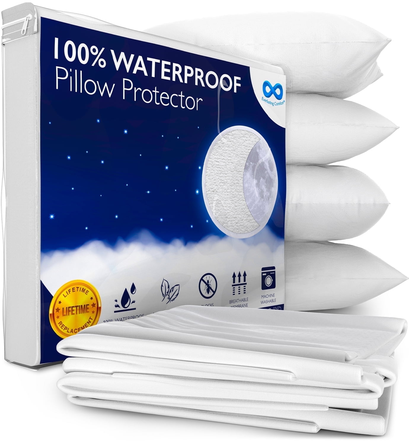 Everlasting Comfort Waterproof Pillow Protector Zippered Hypoallergenic Pillow Cover, Queen 4-Pack