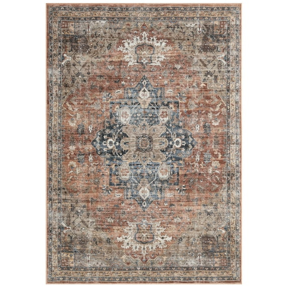 Everwash™ Callaghan Esther Bohemian Medallion Machine Washable Area Rug, Rust/Navy Blue, 6'6"x9'2"
