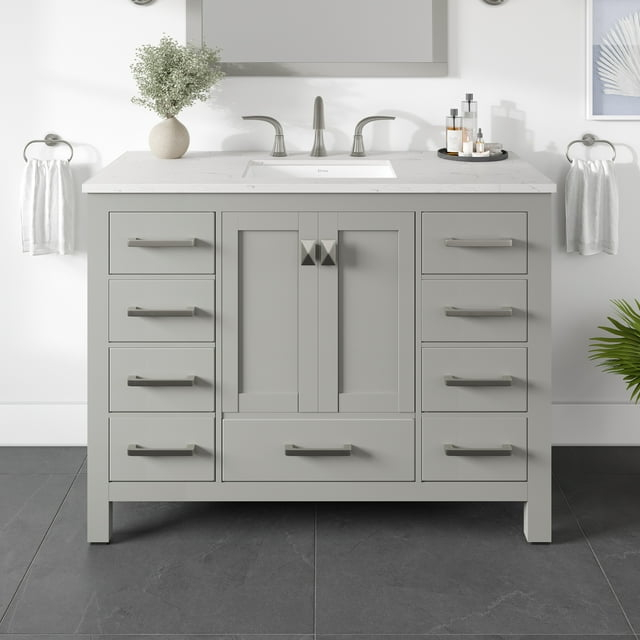 Eviva Aberdeen 42"W x 22"D Gray Bathroom Vanity with White Carrara Quartz Countertop and Undermount Porcelain Sink