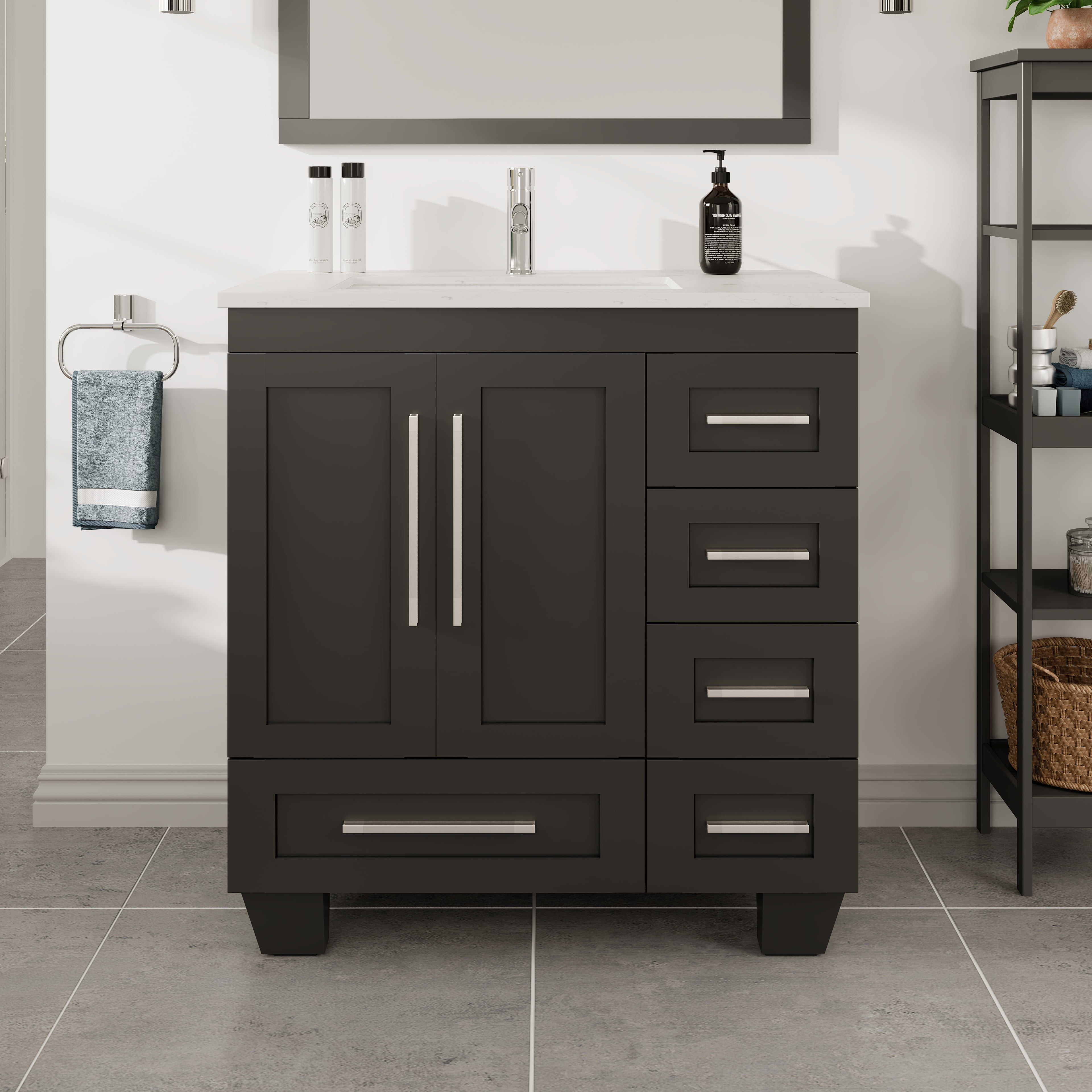 Eviva Loon 30"W x 22"D Espresso Bathroom Vanity with White Carrara Quartz Vanity Top and Rectangular Undermount Sink