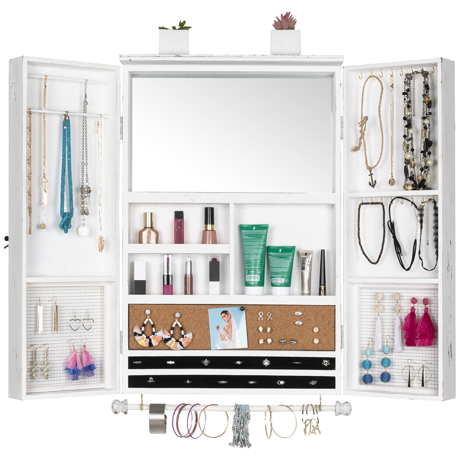 Excello Global Products Large Rustic Wall Mounted Jewelry Organizer with Barndoor Decor Jewelry holder for Necklaces, Earings, Bracelets, Ring Holder, and Accessories. Includes - White  EGP-HD-0283-OS