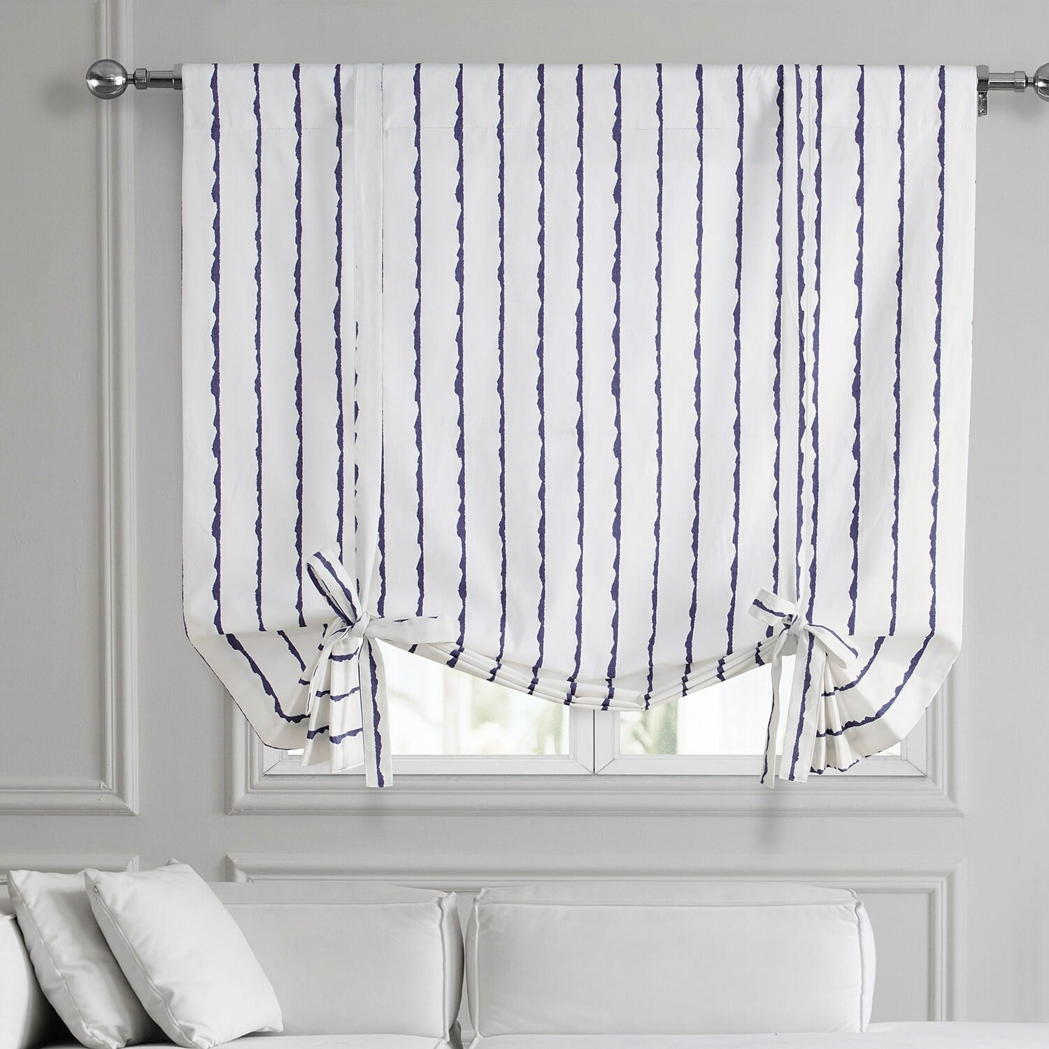 Exclusive Fabrics  Sharkskin Printed Cotton Tie-Up Window Shade (1 Panel) 46 X 63 - Sharkskin Blue Stripe