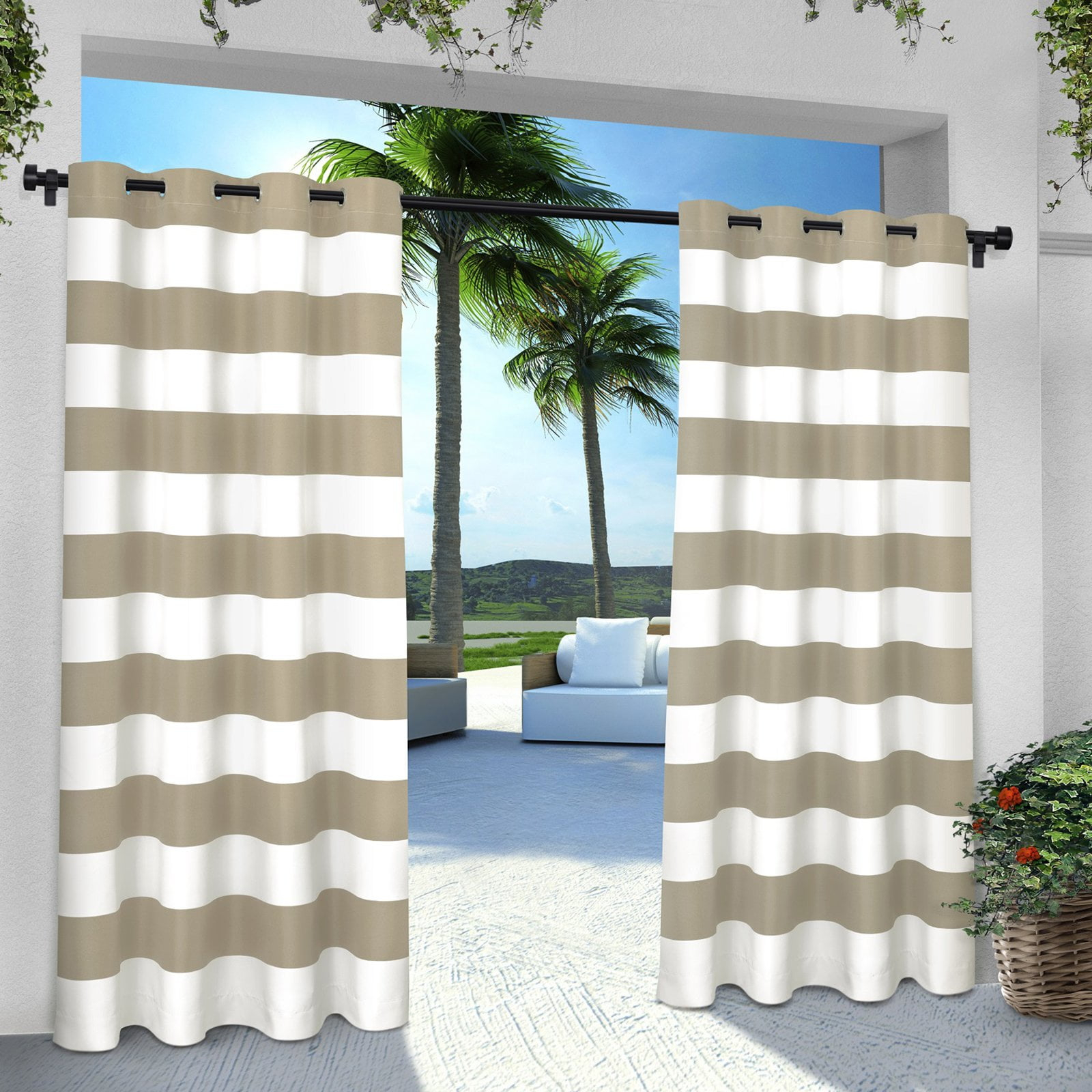 Exclusive Home Cabana Stripe Indoor/Outdoor Light Filtering Grommet Top Curtain Panel Pair, 54"x96", Taupe