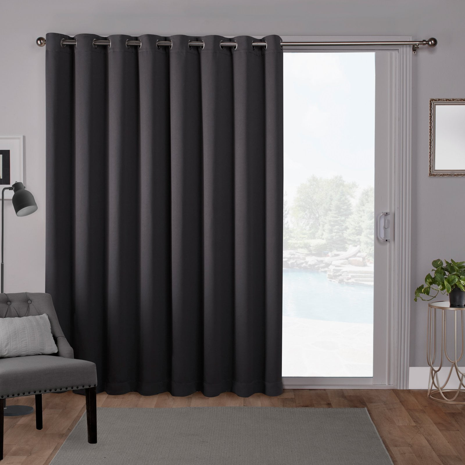 Exclusive Home Sateen Twill Woven Room Darkening Blackout Wide Patio Grommet Top Single Curtain Panel, 100"x84", Charcoal
