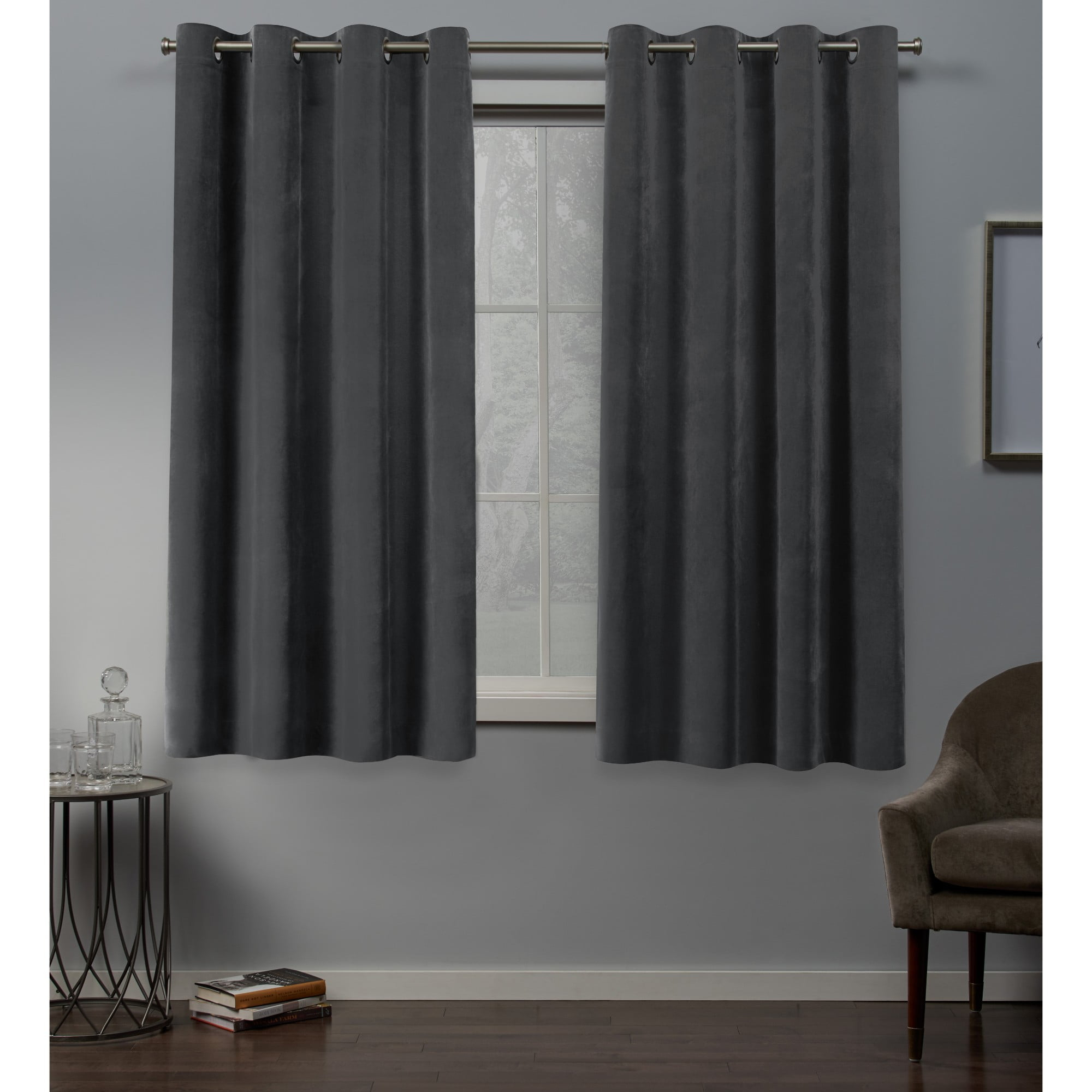 Exclusive Home Velvet Heavyweight Light Filtering Grommet Top Curtain Panel Pair, 54"x63", Soft Grey