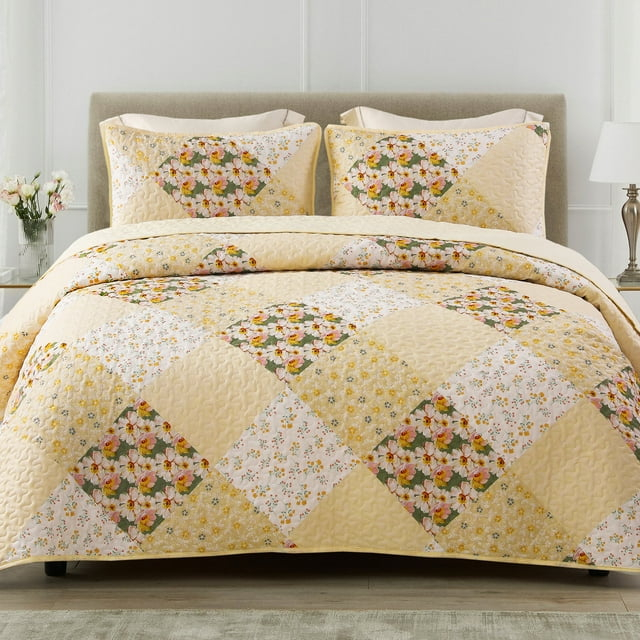 Exclusivo Mezcla Reversible Boho Quilt Set King Size, 3 Pieces Patchwork Yellow All Season Bedspreads, Ultra Soft Floral Coverlet Bedding Set with Printed Pattern (1 Quilt, 2 Pillow Shams)