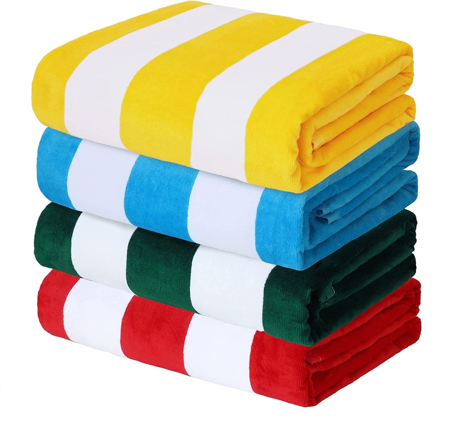 Exclusivo Mezcla 4-Pack Cotton Oversized 35"x70" Cabana Stripe Beach Towels, Super Absorbent Soft Plush Pool Towel, Bath Towel (Blue/Forest Green/Yellow/Red)