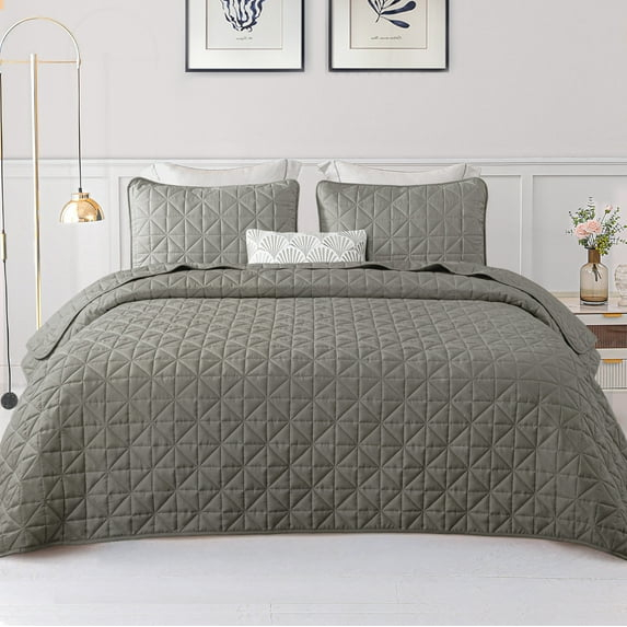 Exclusivo Mezcla Queen Quilt Bedding Set, Lightweight Soft Light Grey Queen Bedspreads Coverlets with Geometric Stitched Pattern
