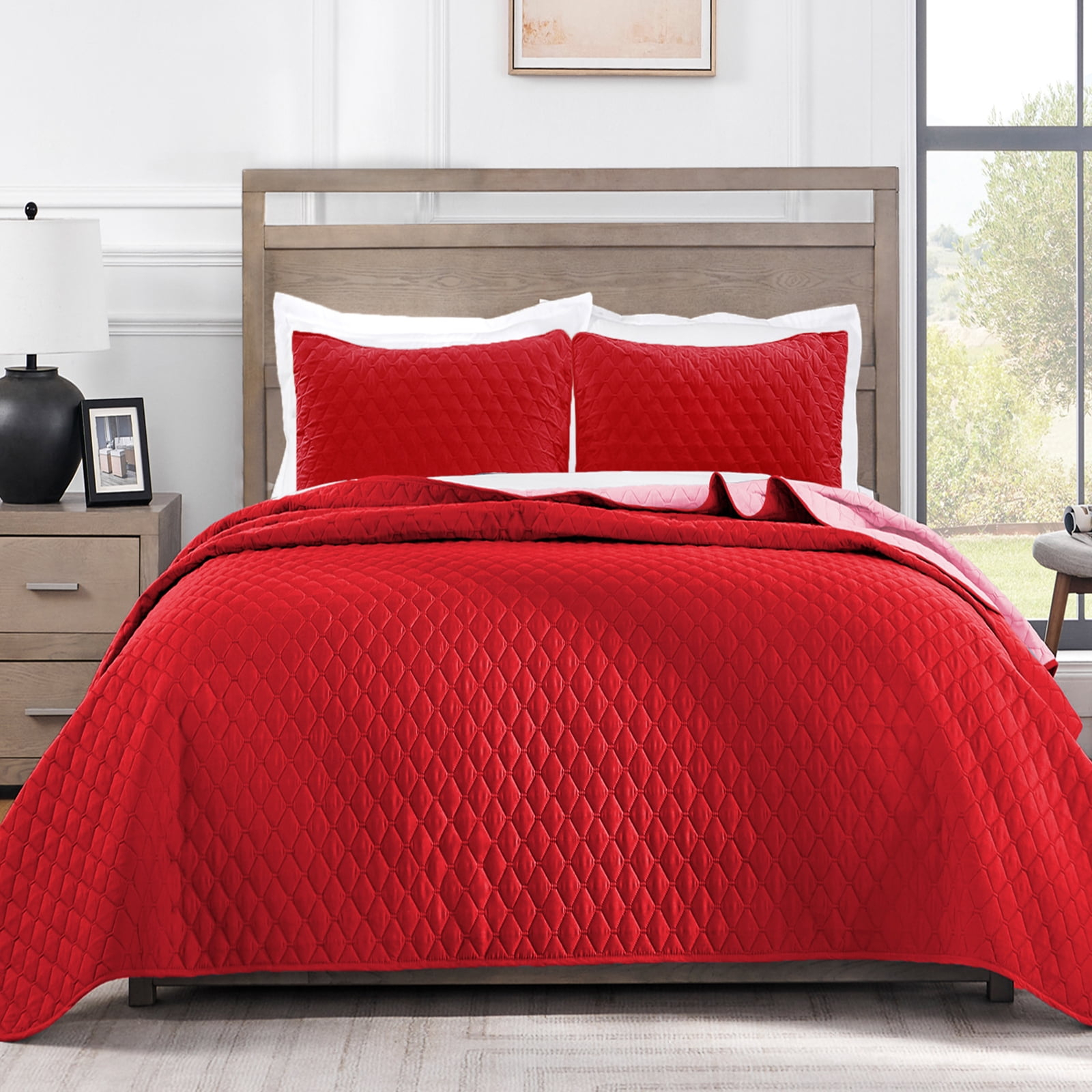 Exclusivo Mezcla Reversible Queen Quilt Set, 3-Piece Lightweight Quilts Soft Bedspreads Bed Coverlets, Red