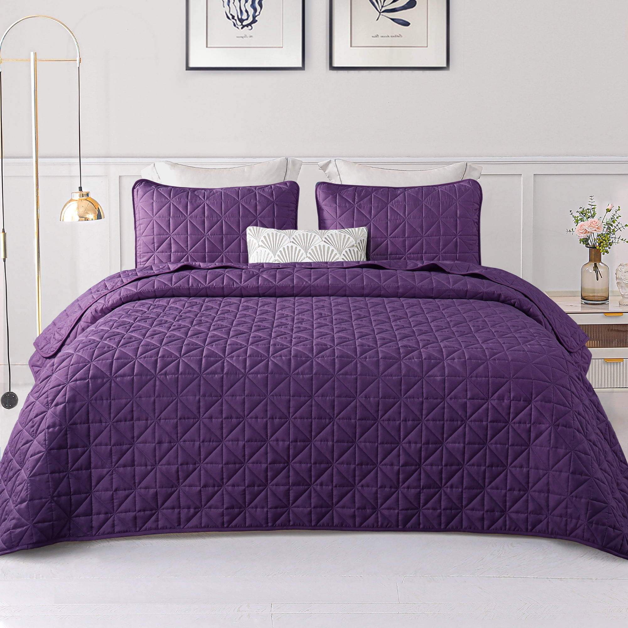 Exclusivo Mezcla Twin Quilt Bedding Set, Lightweight Soft Purple Twin Bedspreads Coverlets with Geometric Stitched Pattern
