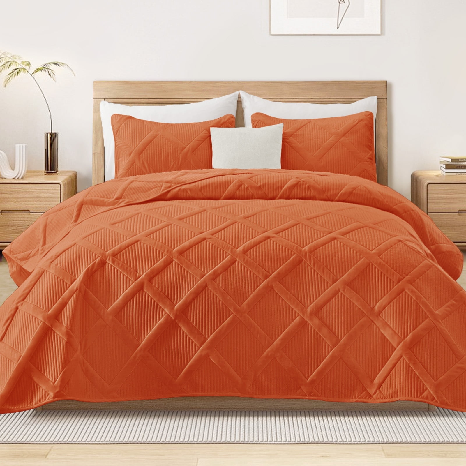 Exclusivo Mezcla Queen Quilt Bedding Set, Lightweight Soft Orange Queen Bedspreads Coverlets with Geometric Stitched Pattern