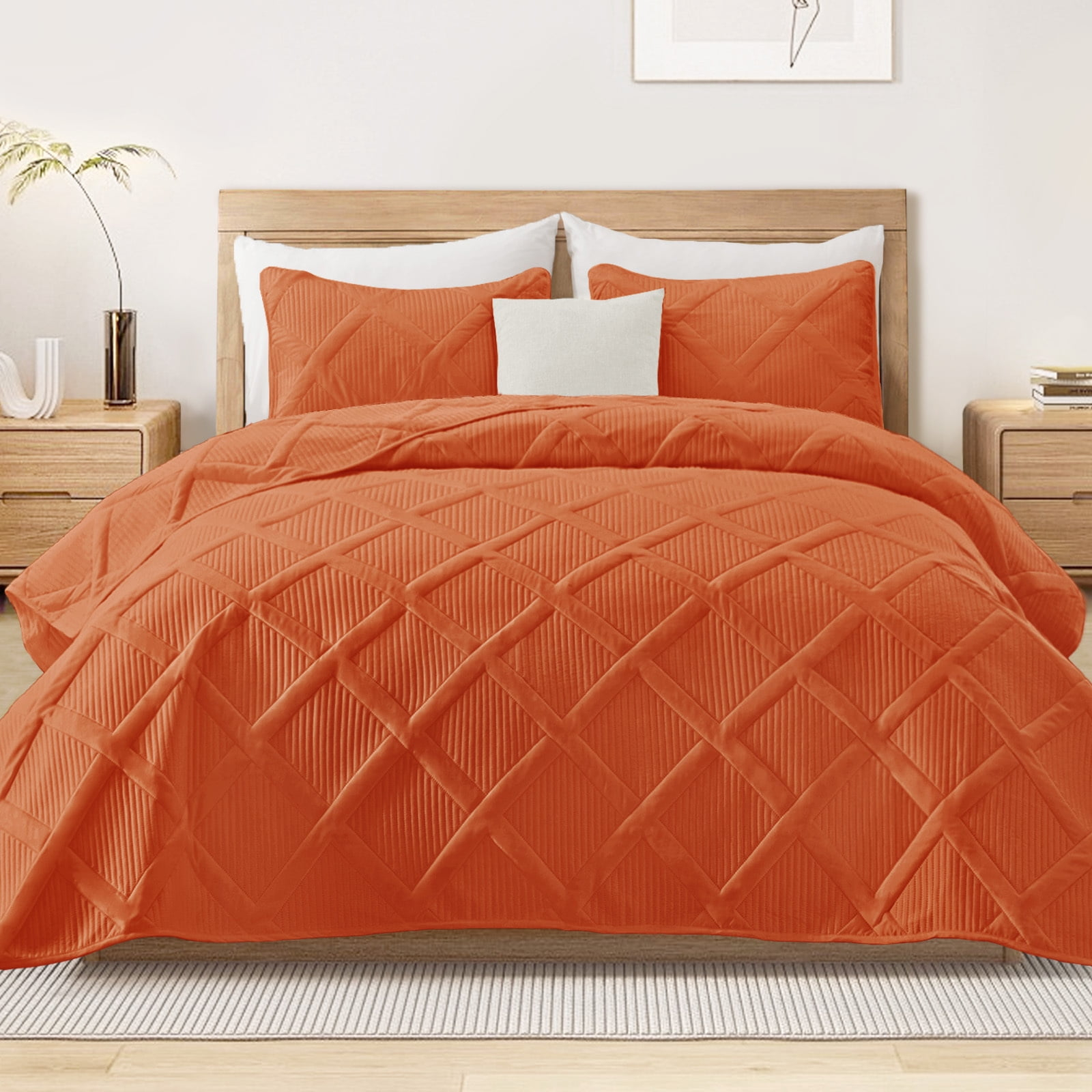 Exclusivo Mezcla Queen Quilt Bedding Set, Lightweight Soft Orange Queen Bedspreads Coverlets with Geometric Stitched Pattern