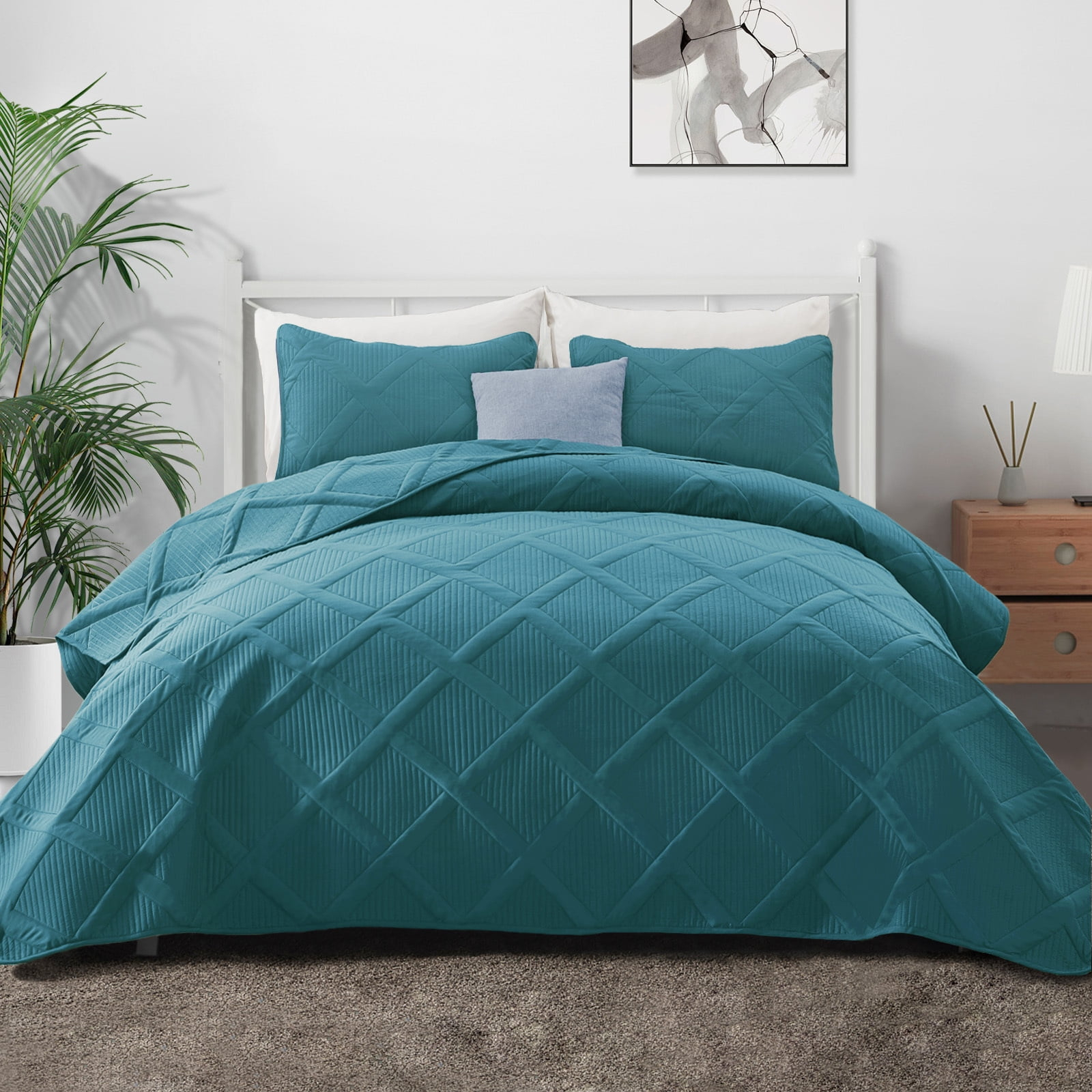 Exclusivo Mezcla Ultrasonic King Quilt Set, 3-Piece Lightweight Bedspreads Modern Striped Coverlet, Teal