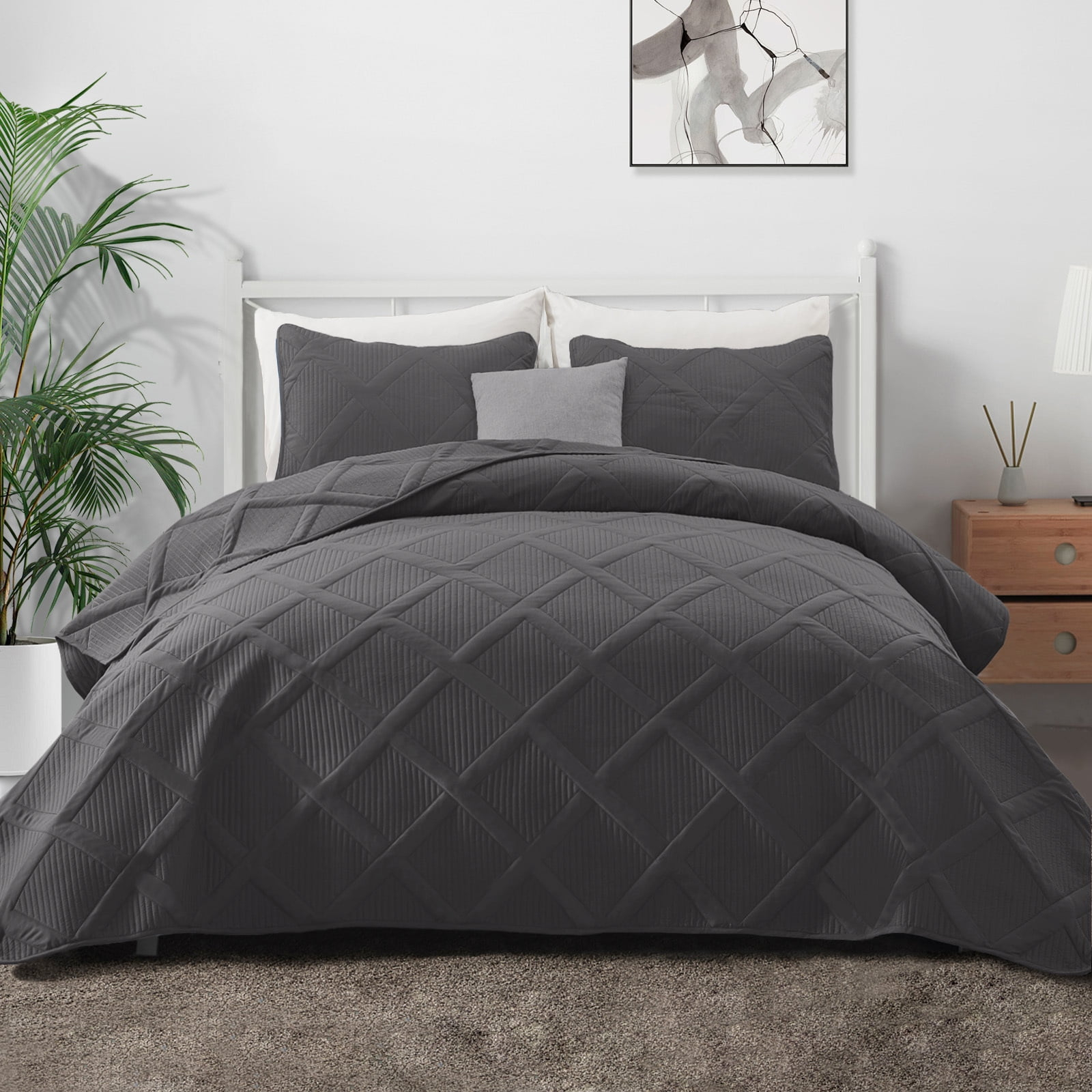Exclusivo Mezcla Ultrasonic Twin Quilt Set, 2-Piece Lightweight Bedspreads Modern Striped Coverlet, Grey