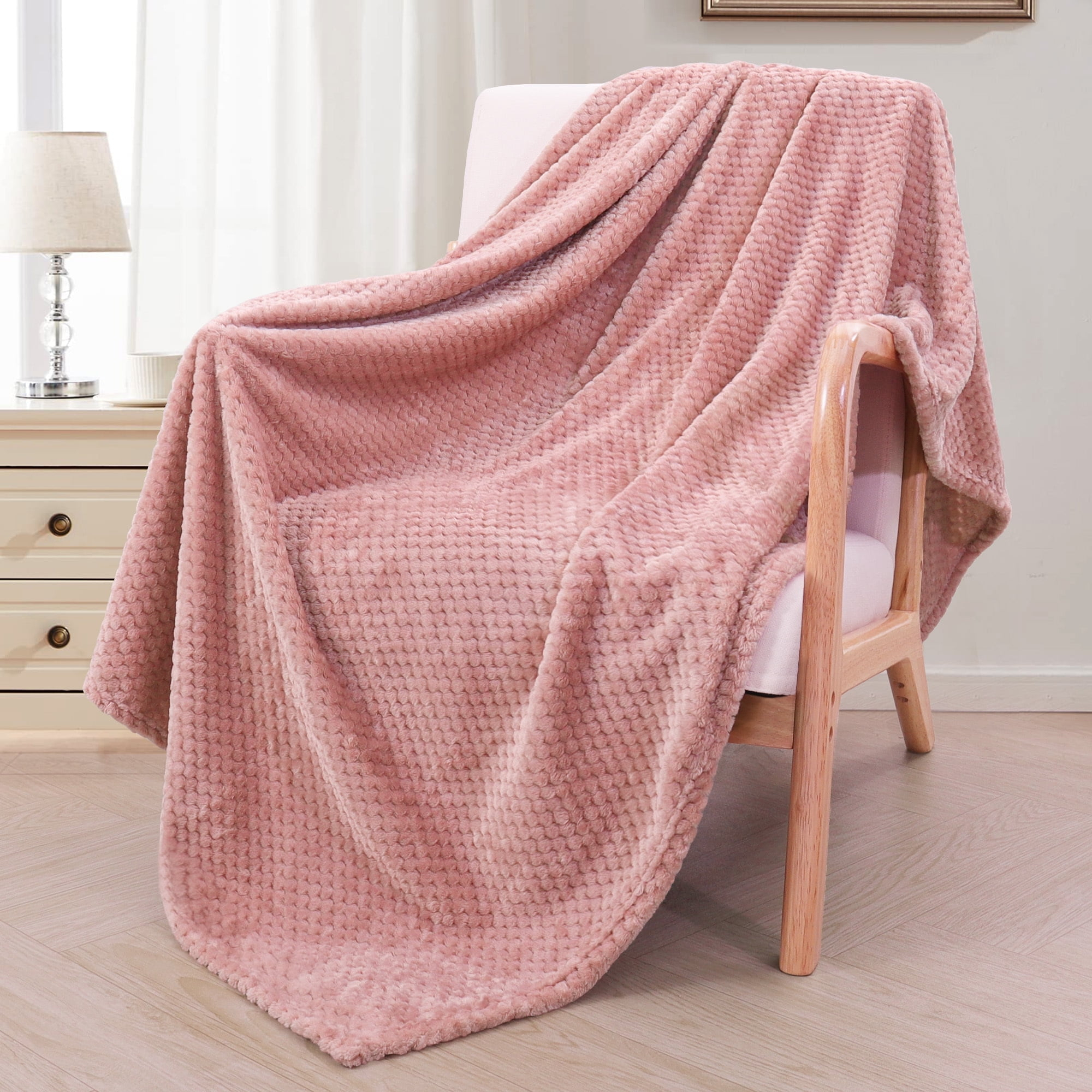 Exclusivo Mezcla Waffle Textured Extra Large Fleece Blanket, Super Soft and Warm Throw Blanket for Couch, Sofa and Bed (Dusty Pink, 50"x70")-Cozy, Fuzzy and Lightweight
