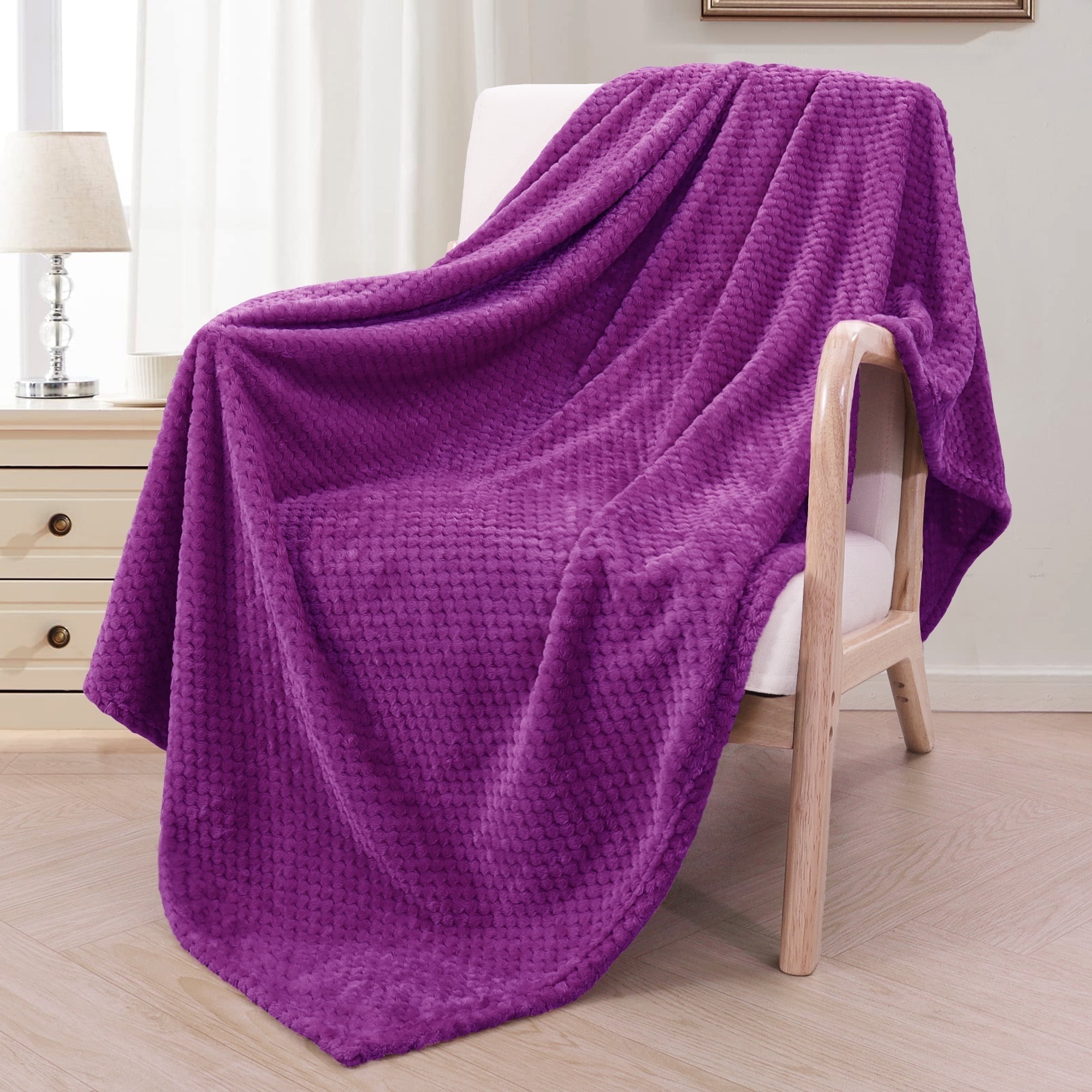 Exclusivo Mezcla Waffle Textured Extra Large Fleece Blanket, Super Soft and Warm Throw Blanket for Couch, Sofa and Bed (Purple, 50"x70")-Cozy, Fuzzy and Lightweight