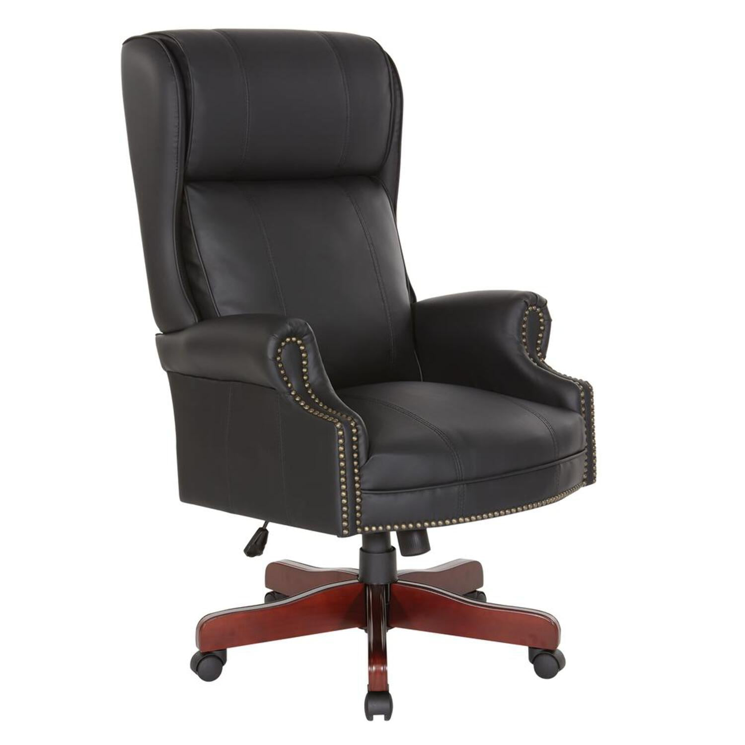 Executive High Back Chair with Black Vinyl and Brass Finish Nail Trim Upholstery