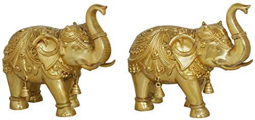 Exotic India Pair of Decorated Elephants with Bells and Upraised Trunks (Auspicious According to Vastu) - Brass S