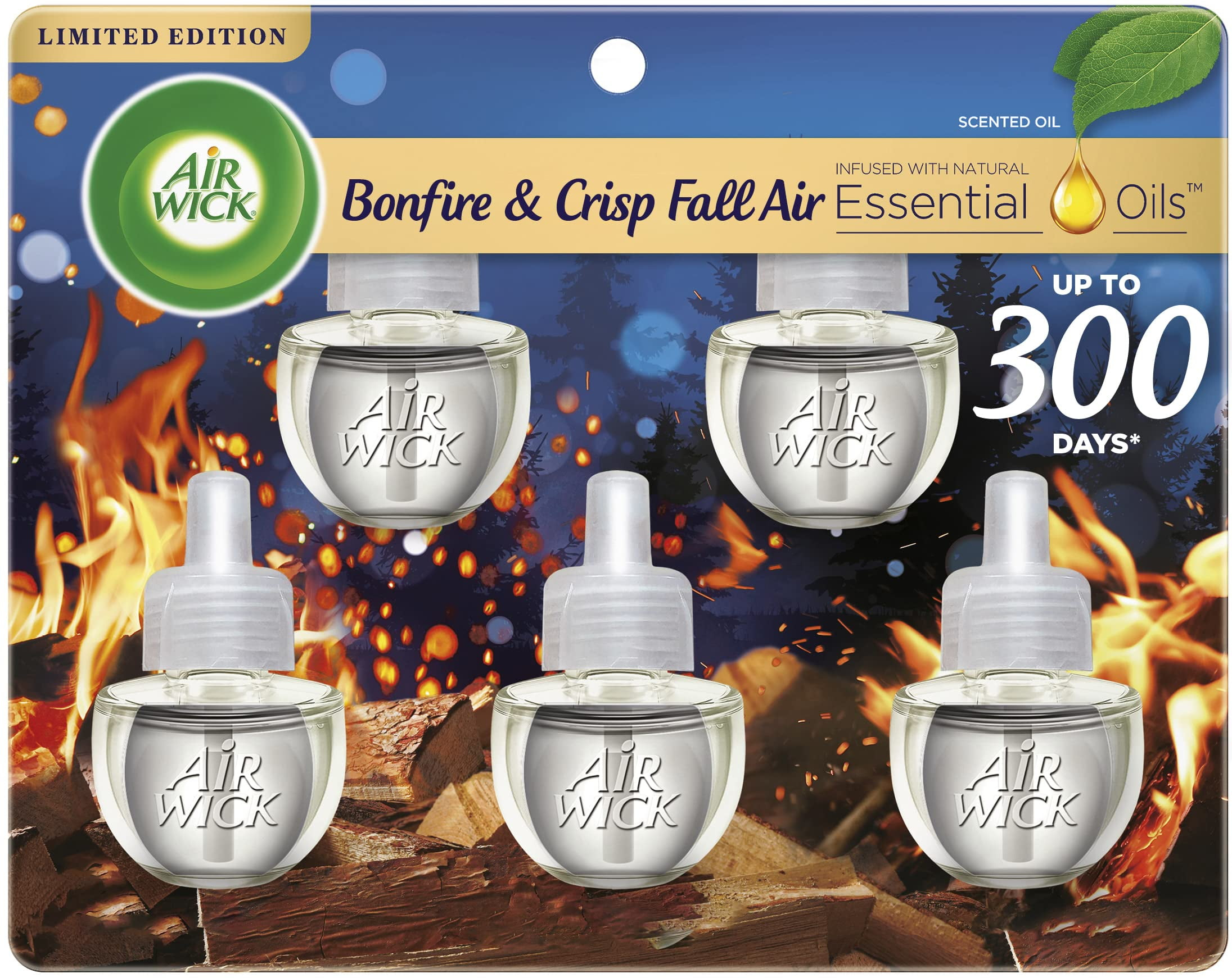 Air Wick Plug in Scented Oil 5 Refills, Bonfire and Crisp Fall Air, Essential Oils, Air Freshener Fall Scent, Fall dÃ©cor