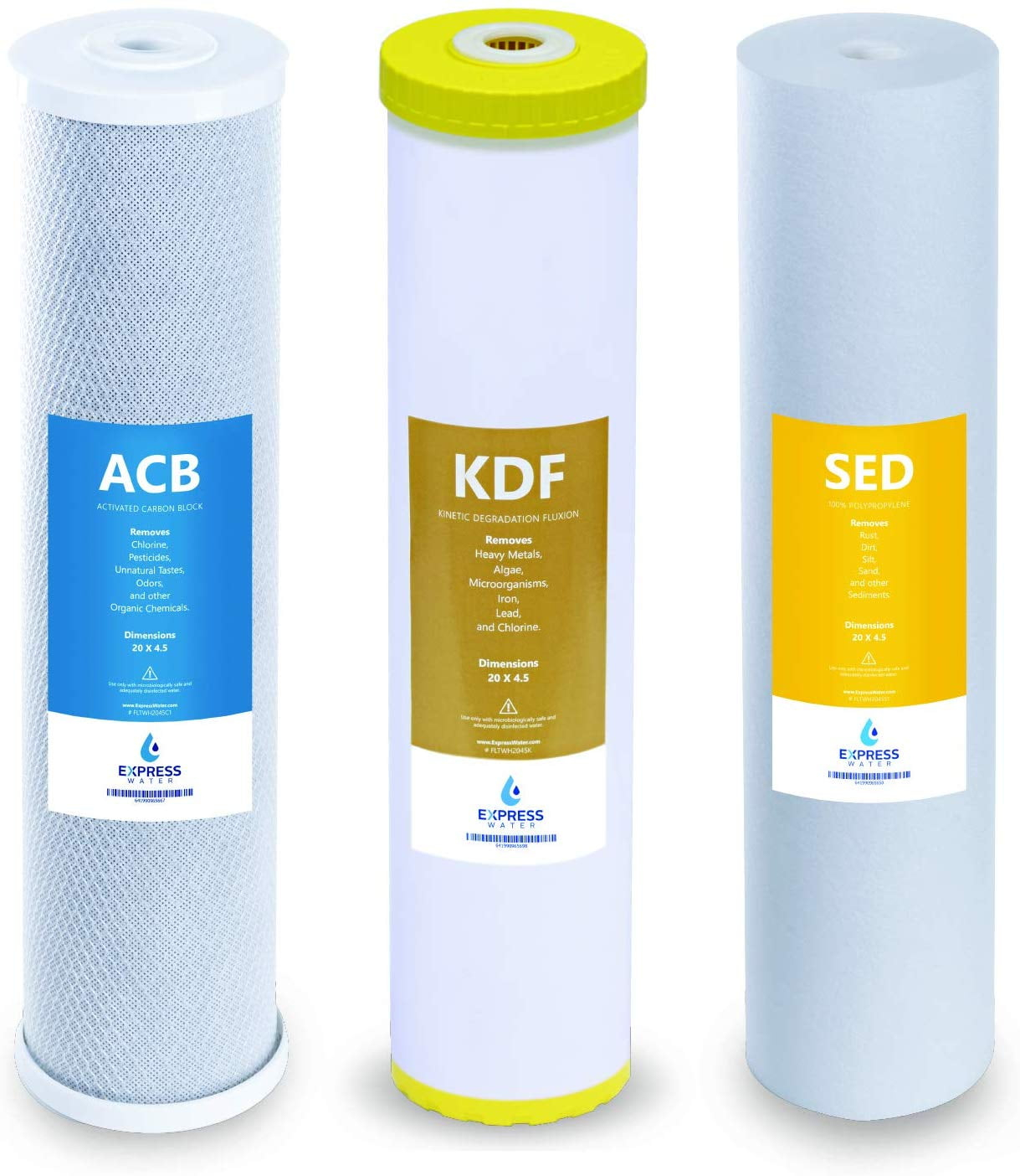 Express Water – Whole House Heavy Metal Water Filter Set – 3 Stage Filtration Replacement Kit – Sediment, Carbon Block, KDF High Capacity Cartridge – 5 Micron – 4.5” x 20” inch