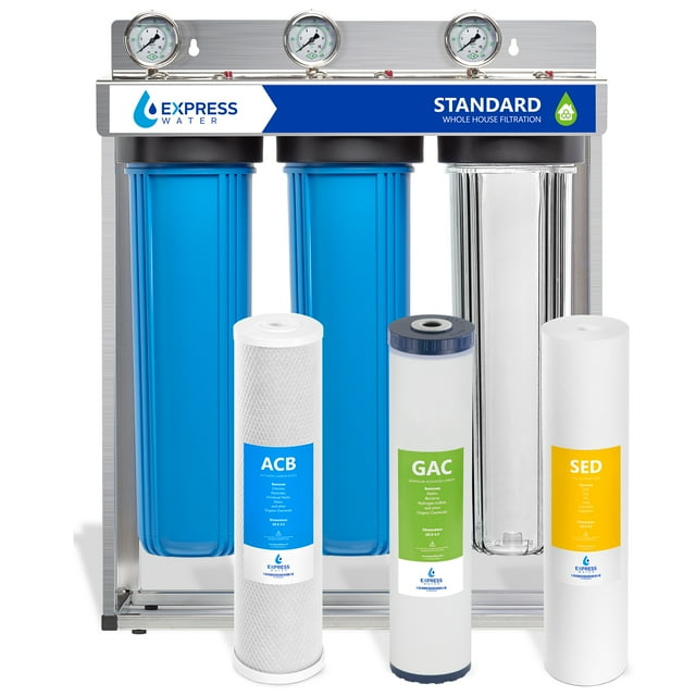 Express Water Whole House Water Filter – 3 Stage Home Water Filtration System – Sediment, Charcoal, Carbon Filters – includes Pressure Gauges, Easy Release, and 1” Inch Connections